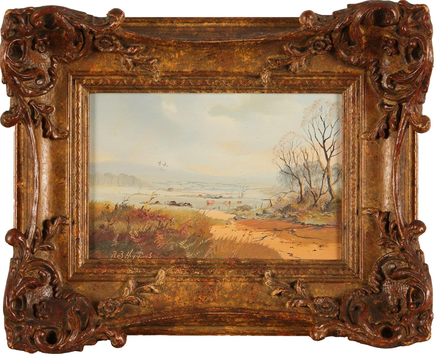 Pintura en miniatura de ganado pastando en la campiña irlandesa Siglo XX Vintage - Painting Realista de Robert B Higgins