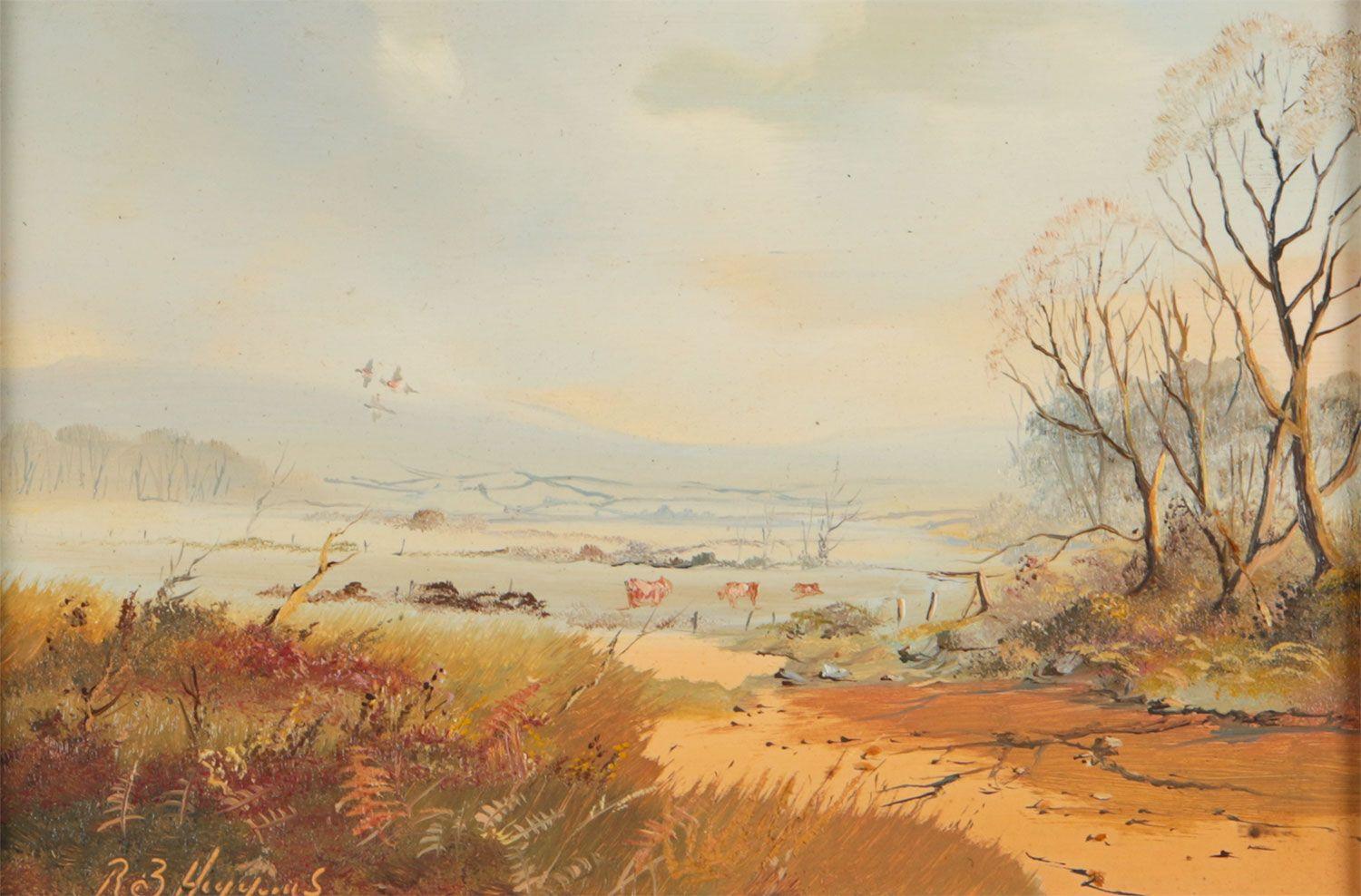 Pintura en miniatura de ganado pastando en la campiña irlandesa Siglo XX Vintage - Animal Painting Marrón de Robert B Higgins