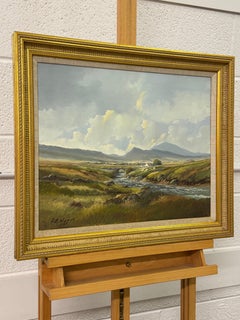 Painting of Mountain Cottages by River in Ireland by 20th Century Irish Artist