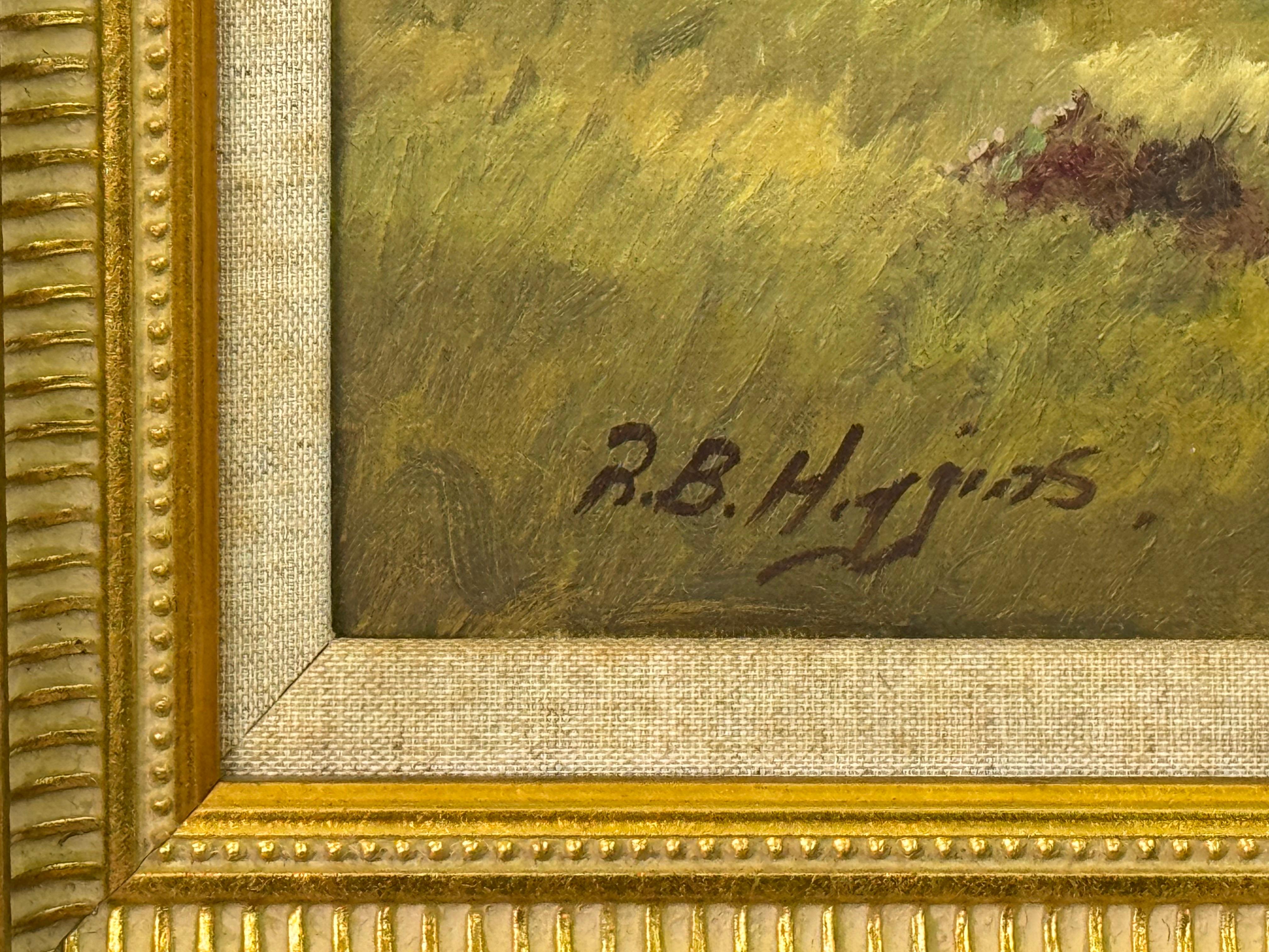Pintura de cabañas de montaña junto a un río en Irlanda por un artista irlandés del siglo XX

El arte mide 20 x 16 pulgadas 
El marco mide 24 x 20 pulgadas 

Este cautivador óleo retrata un pintoresco río de montaña serpenteando a través de la