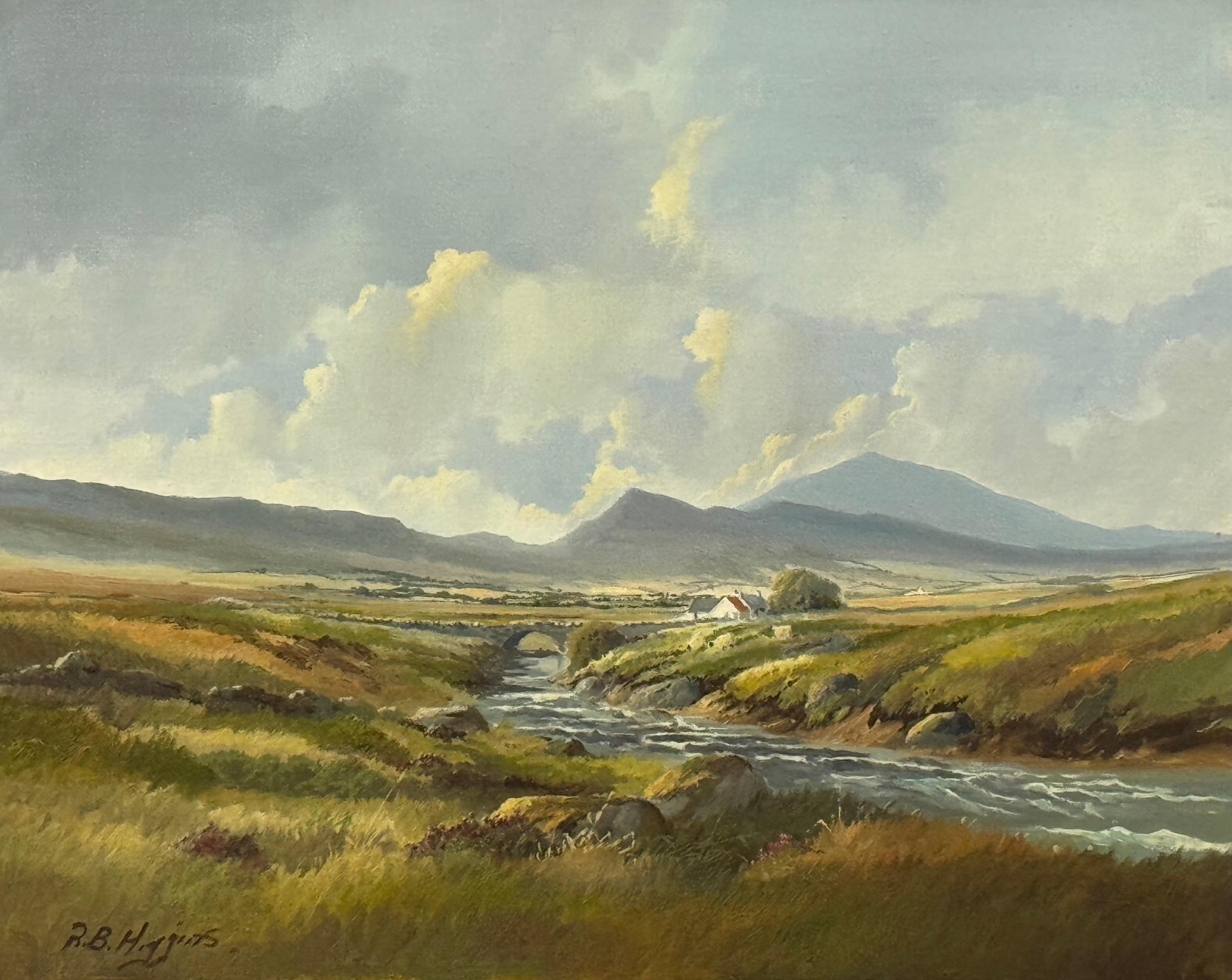 Pintura de cabañas de montaña junto a un río en Irlanda por un artista irlandés del siglo XX en venta 3