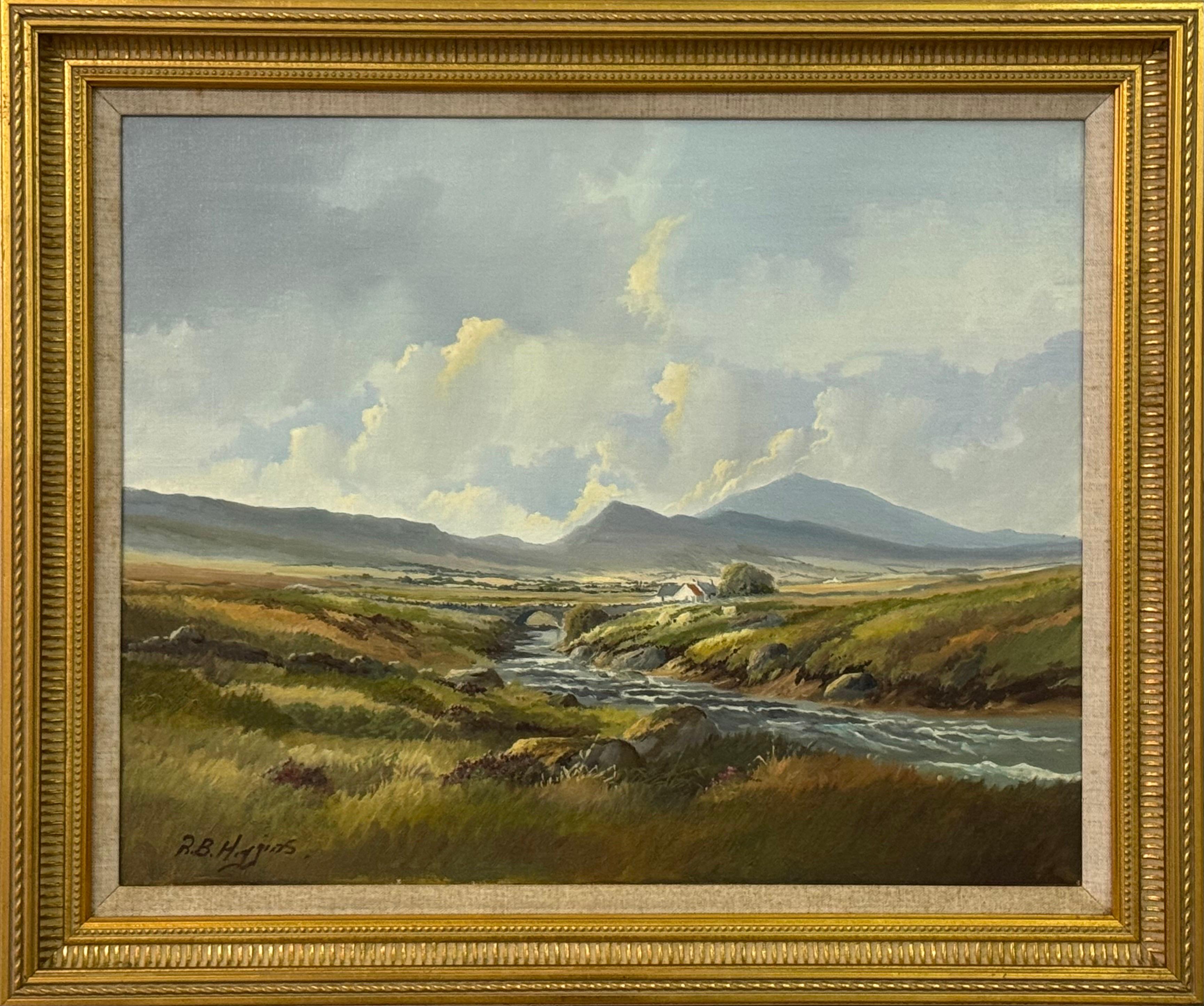 Landscape Painting de Robert B Higgins - Pintura de cabañas de montaña junto a un río en Irlanda por un artista irlandés del siglo XX