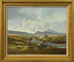 Painting of Mountain Cottages by River in Ireland by 20th Century Irish Artist