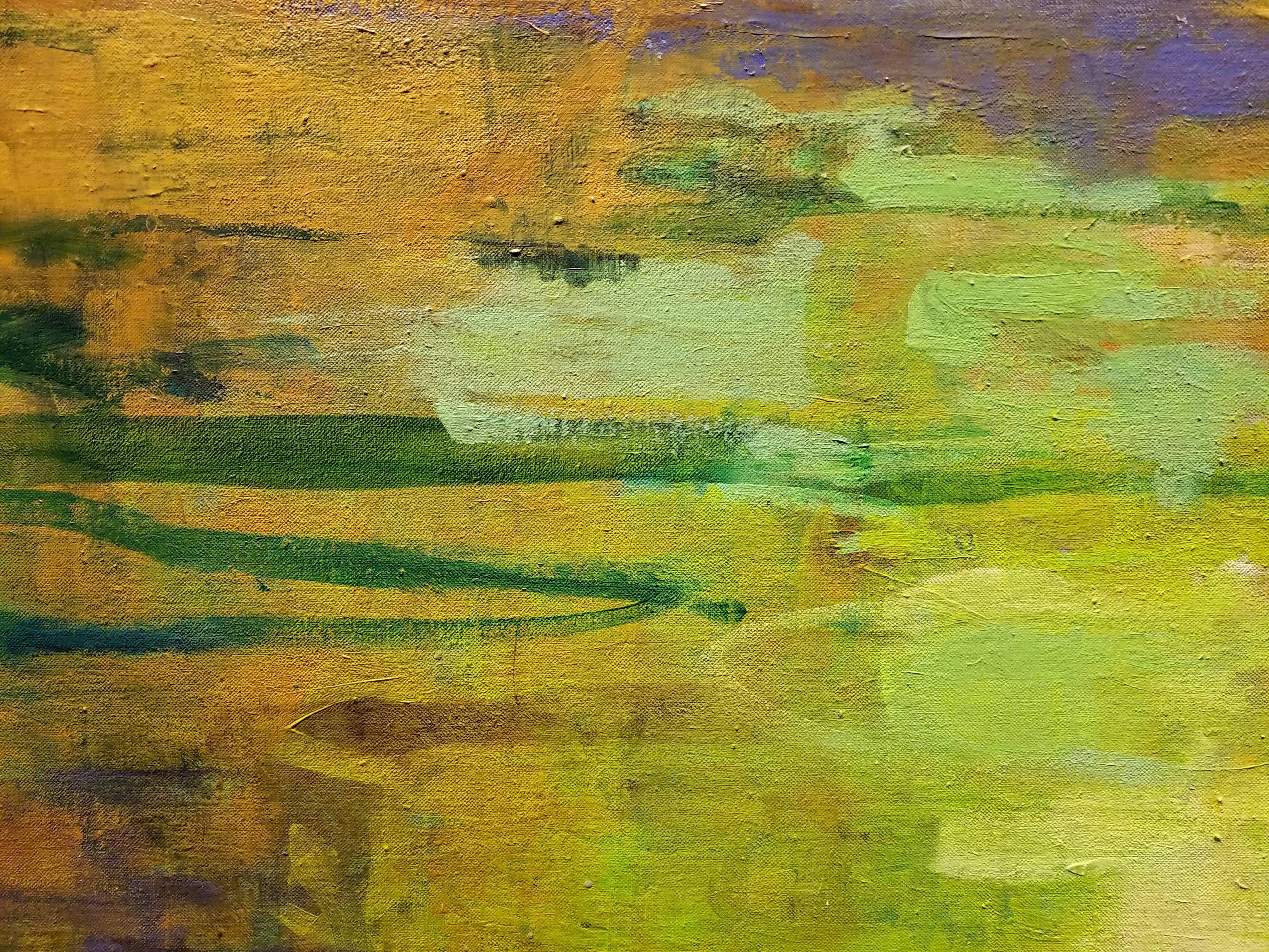This acrylic painting depicts and abstracted open, sunny landscape using bright yellow, green, and bright blue and using visible, textured brushwork.

Born in Lowell, Massachusetts in 1947, Baart’s work has stayed true to his New England
