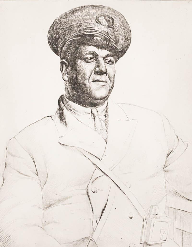 Robert Ball (1918-2008) - 1936 Etching, Mr Everitt, Birmingham Tram Conductor For Sale 1