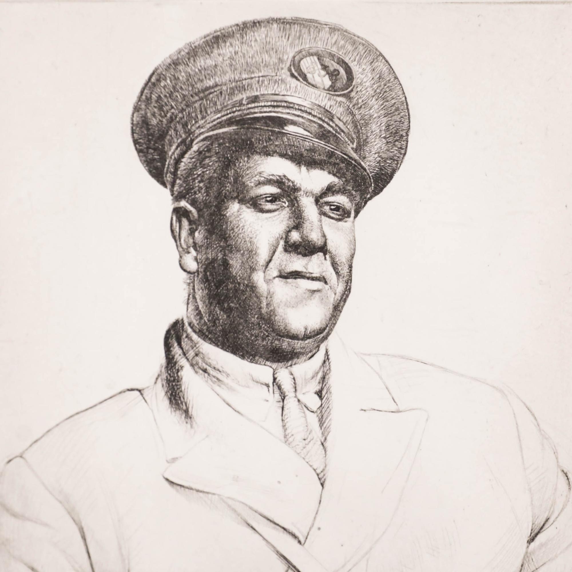 Robert Ball (1918-2008) - 1936 Etching, Mr Everitt, Birmingham Tram Conductor For Sale 3