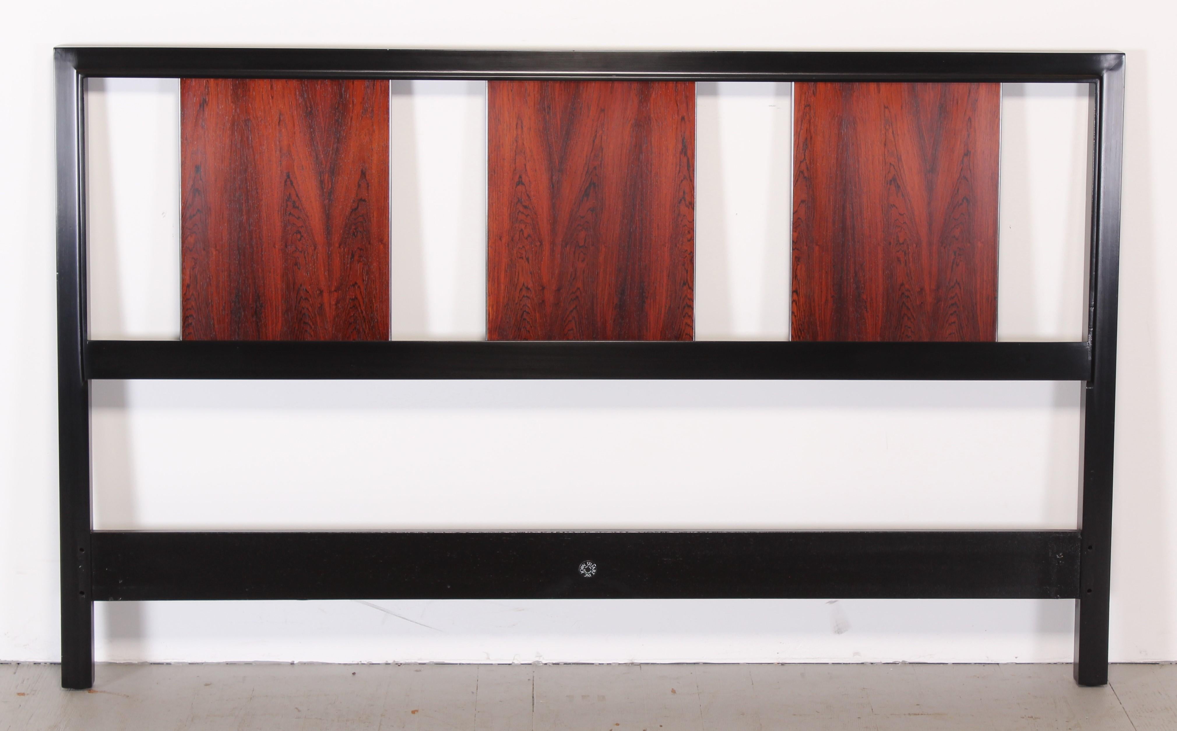 An exquisite Robert Baron for Glenn of California rosewood headboard, 1970. Black oak full-size frame with rosewood panels and polished aluminum accents. Beautifully restored finish. Only the headboard is available. The other bedroom pieces are no