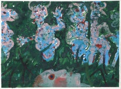 Figure nell'erba, pittura a guazzo contemporanea di Robert Beauchamp