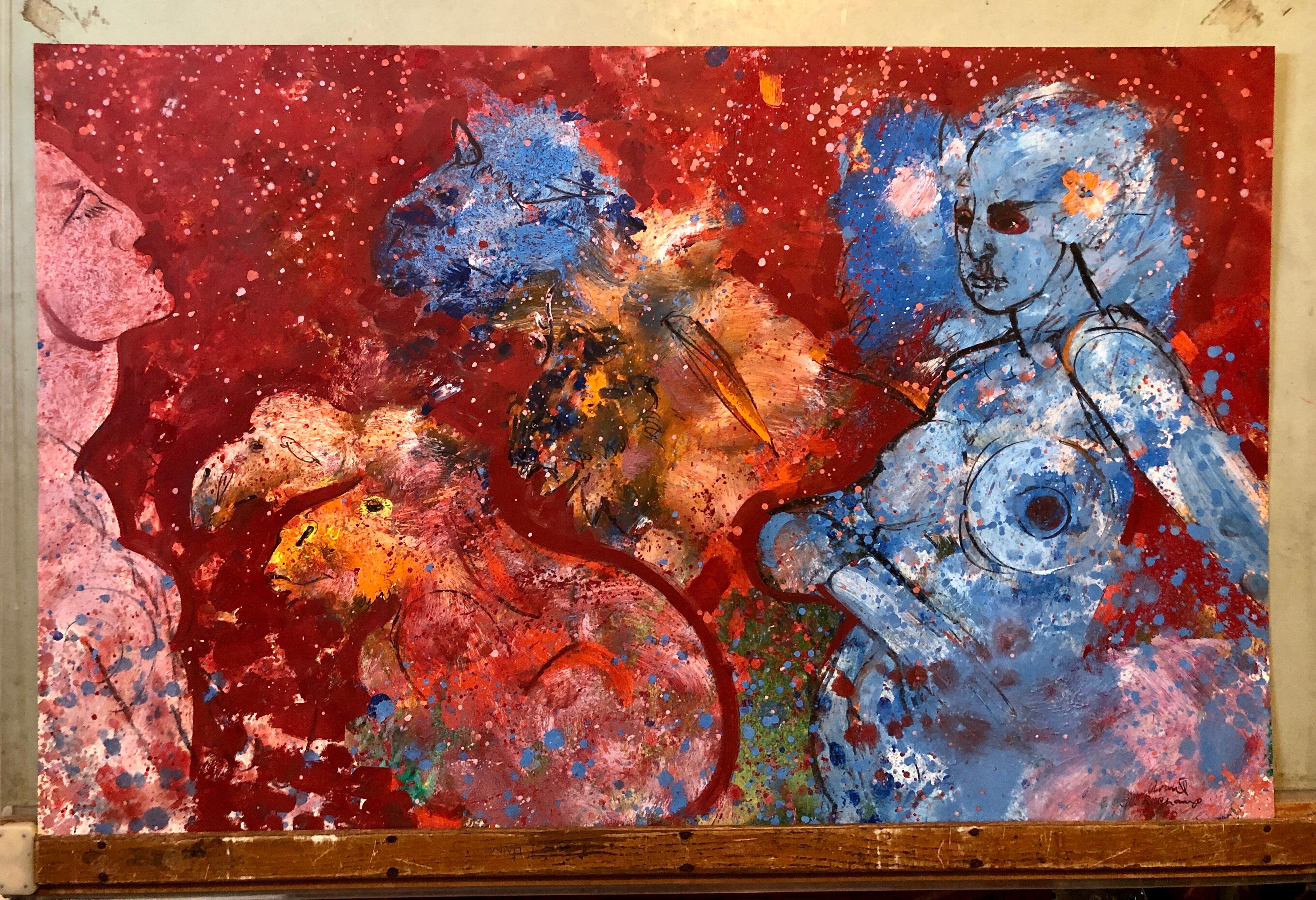 American Neo Expressionist Woman with Camels Abstract Modernist Oil Painting 6