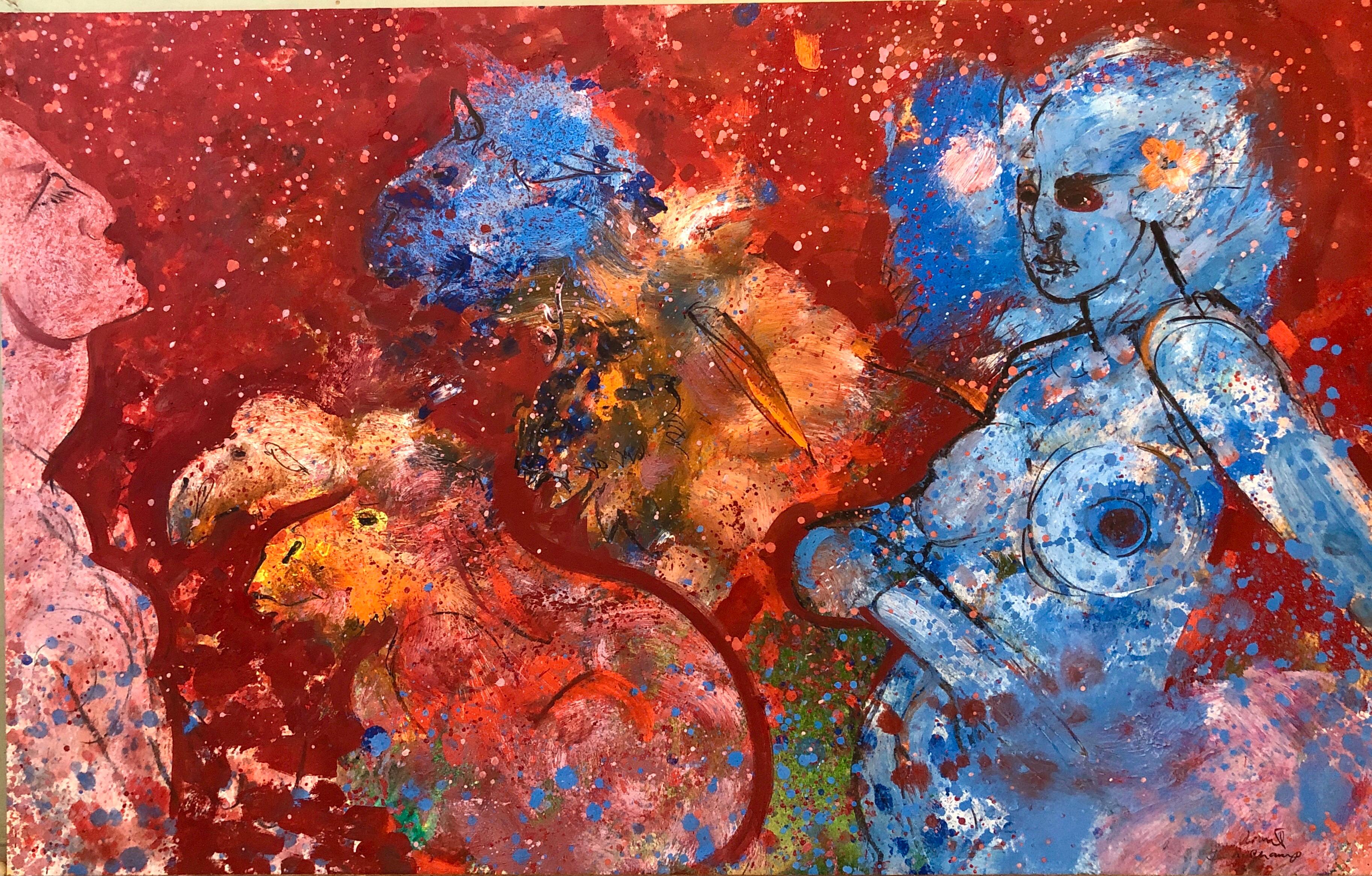 American Neo Expressionist Woman with Camels Abstract Modernist Oil Painting