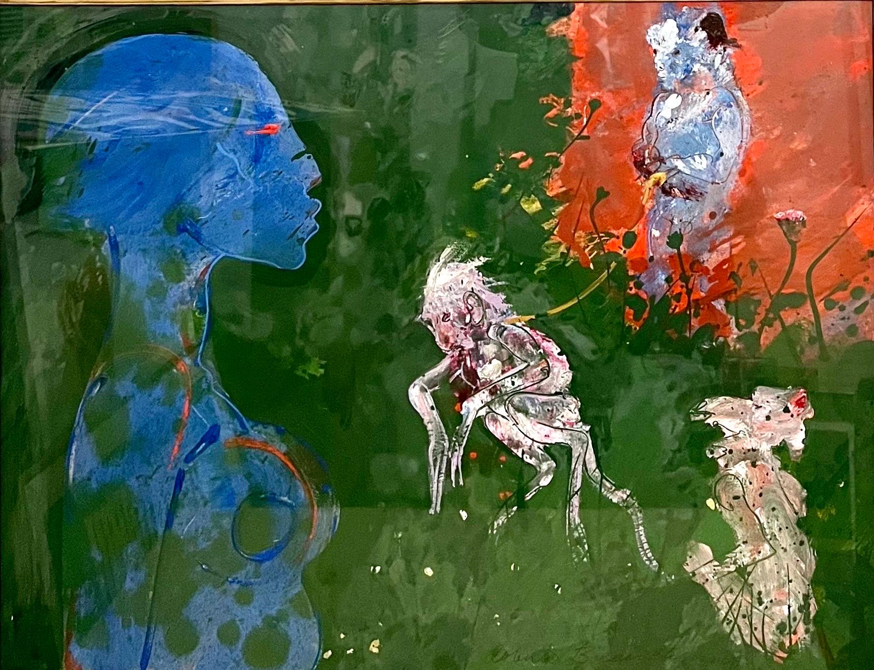 Peinture à l'huile néo-expressionniste américaine abstraite représentant une femme avec des singes  en vente 7