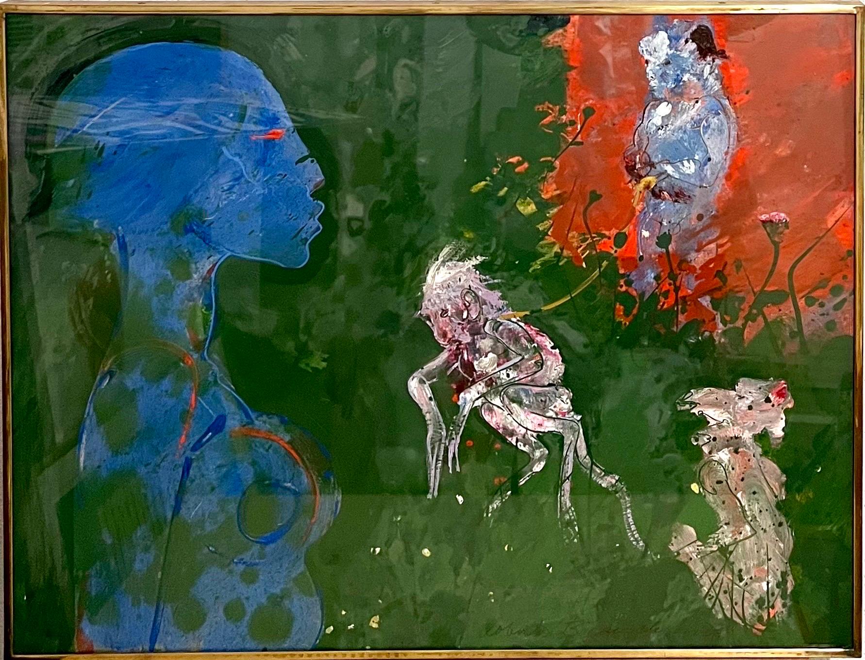 Peinture à l'huile néo-expressionniste américaine abstraite représentant une femme avec des singes  en vente 8