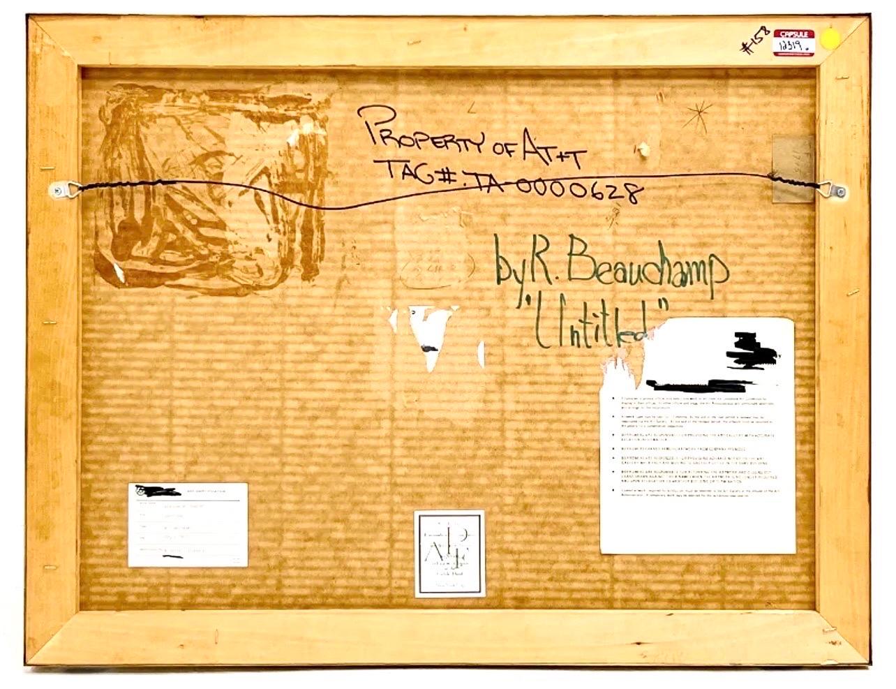 Robert Beauchamp, Amerikaner (1923-1995)
Unbenannt
Rechts unten handsigniert, verso betitelt.
Ölgemälde in Mischtechnik auf schwerem Kunstdruckpapier
Sicht: 22 3/4 x 29 1/2 Zoll
Abmessungen des Rahmens: 23 1/4 x 30 1/4 x 1 1/4 Zoll, Metallrahmen mit