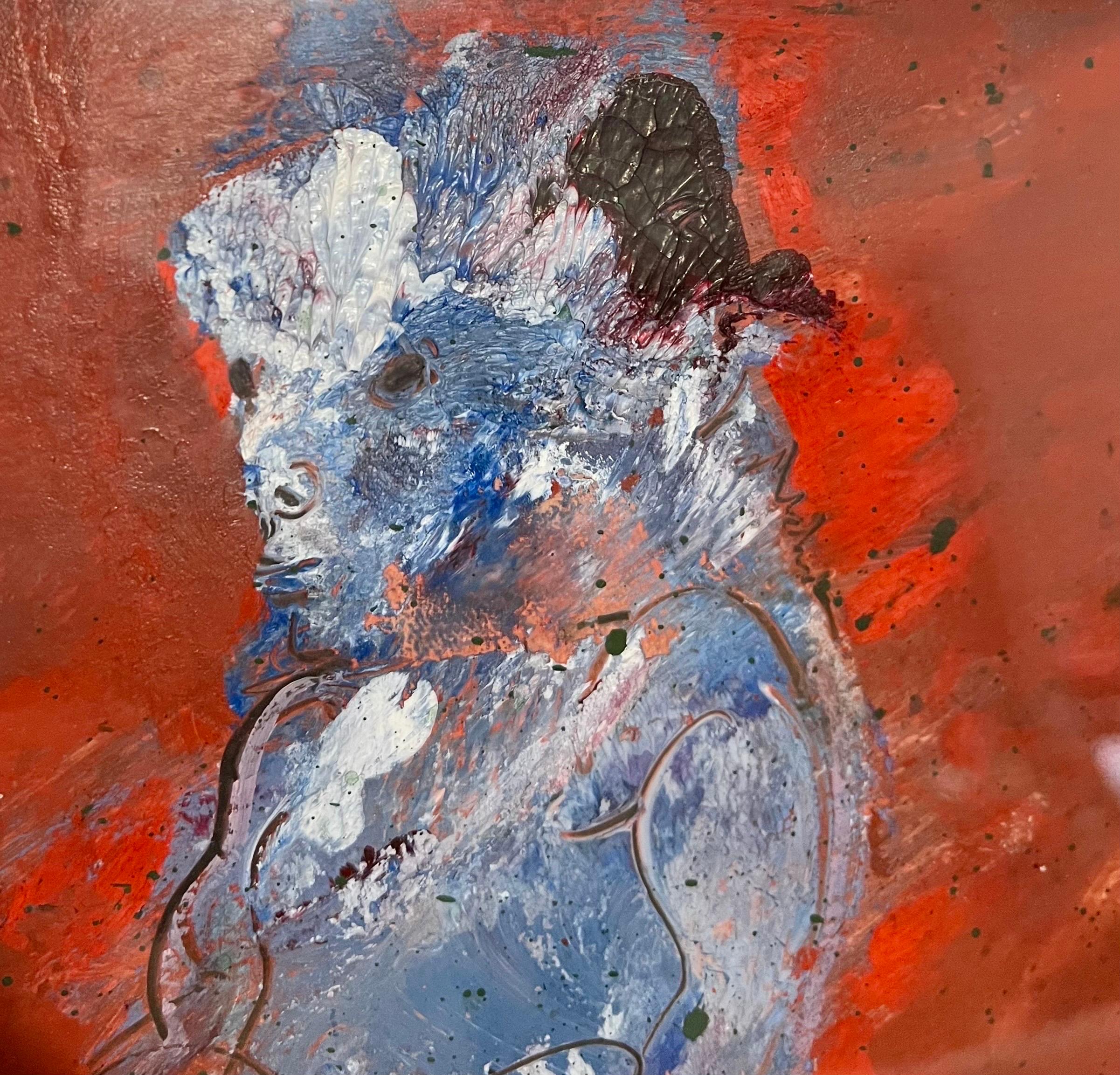 Peinture à l'huile néo-expressionniste américaine abstraite représentant une femme avec des singes  en vente 4