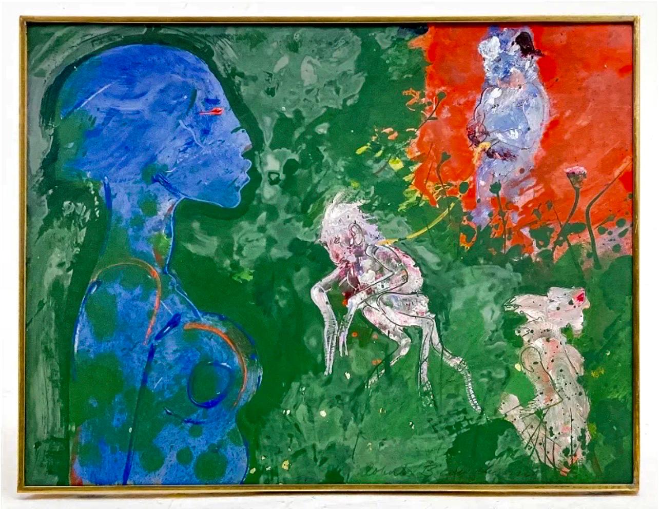 Animal Painting Robert Beauchamp - Peinture à l'huile néo-expressionniste américaine abstraite représentant une femme avec des singes 