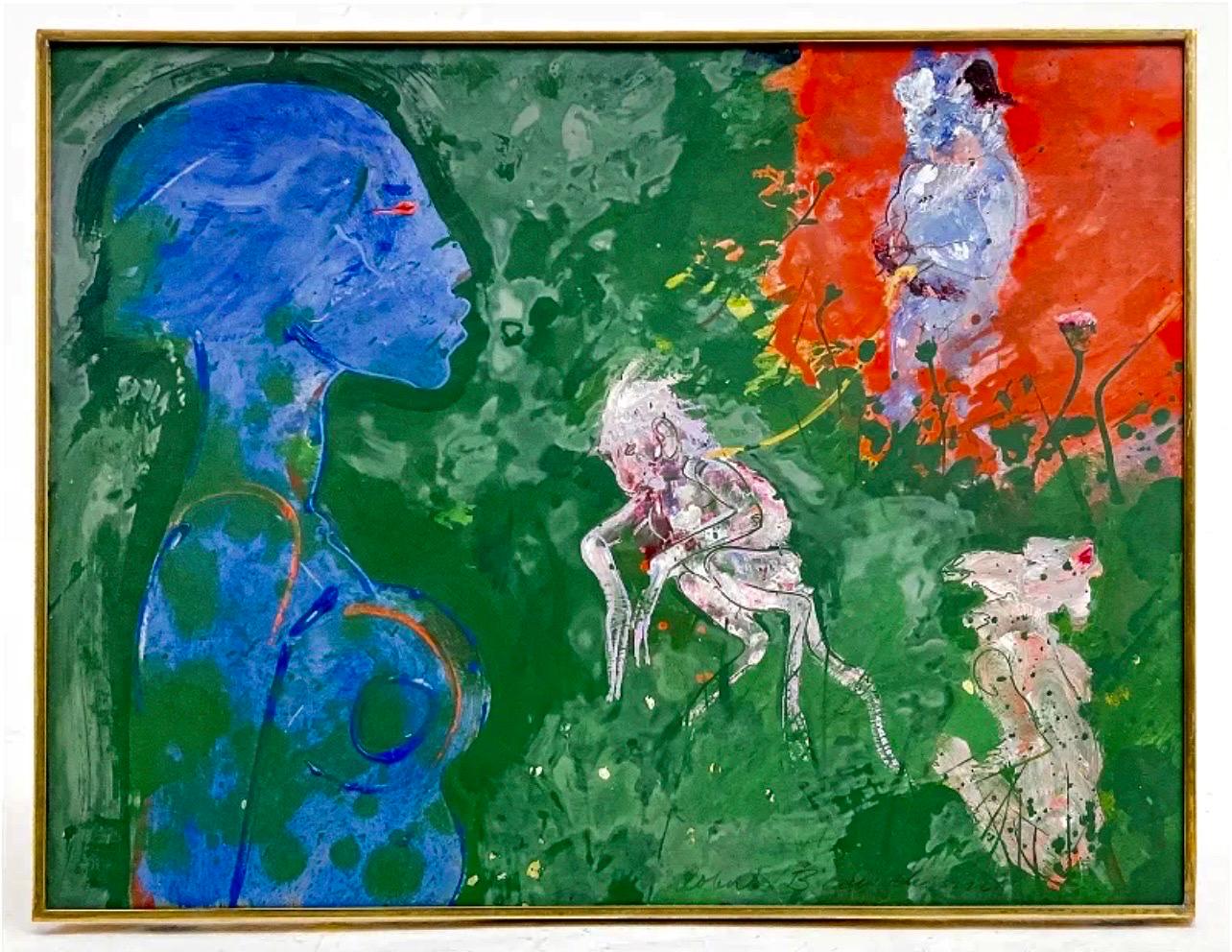 Robert Beauchamp Animal Painting – Amerikanischer Neo-Expressionist Frau mit Affen Abstrakt Modernist Ölgemälde