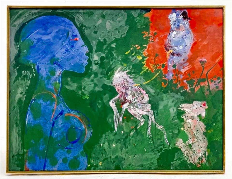 American Neo Expressionist Woman with Monkeys Abstract Modernist Oil Painting