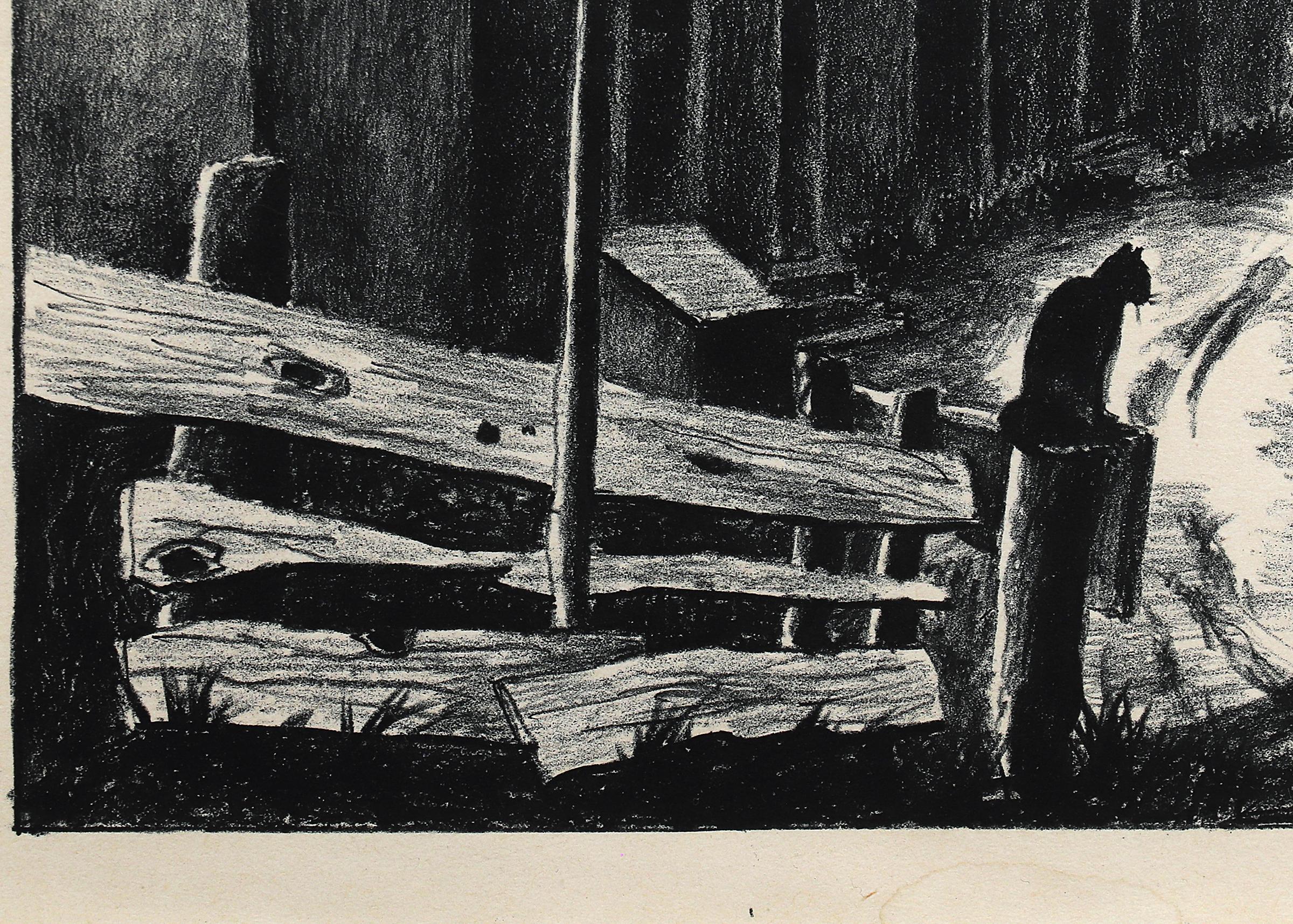 American modern lithograph on paper titled 'Mining Town' signed by artist Robert Beauchamp (1923-1995) featuring a figure walking and a cat sitting on a fence in a mining town. Image is 9 1⁄4 x 12 1⁄4 inches, framed dimensions are 16 1⁄2 x 19 1⁄2