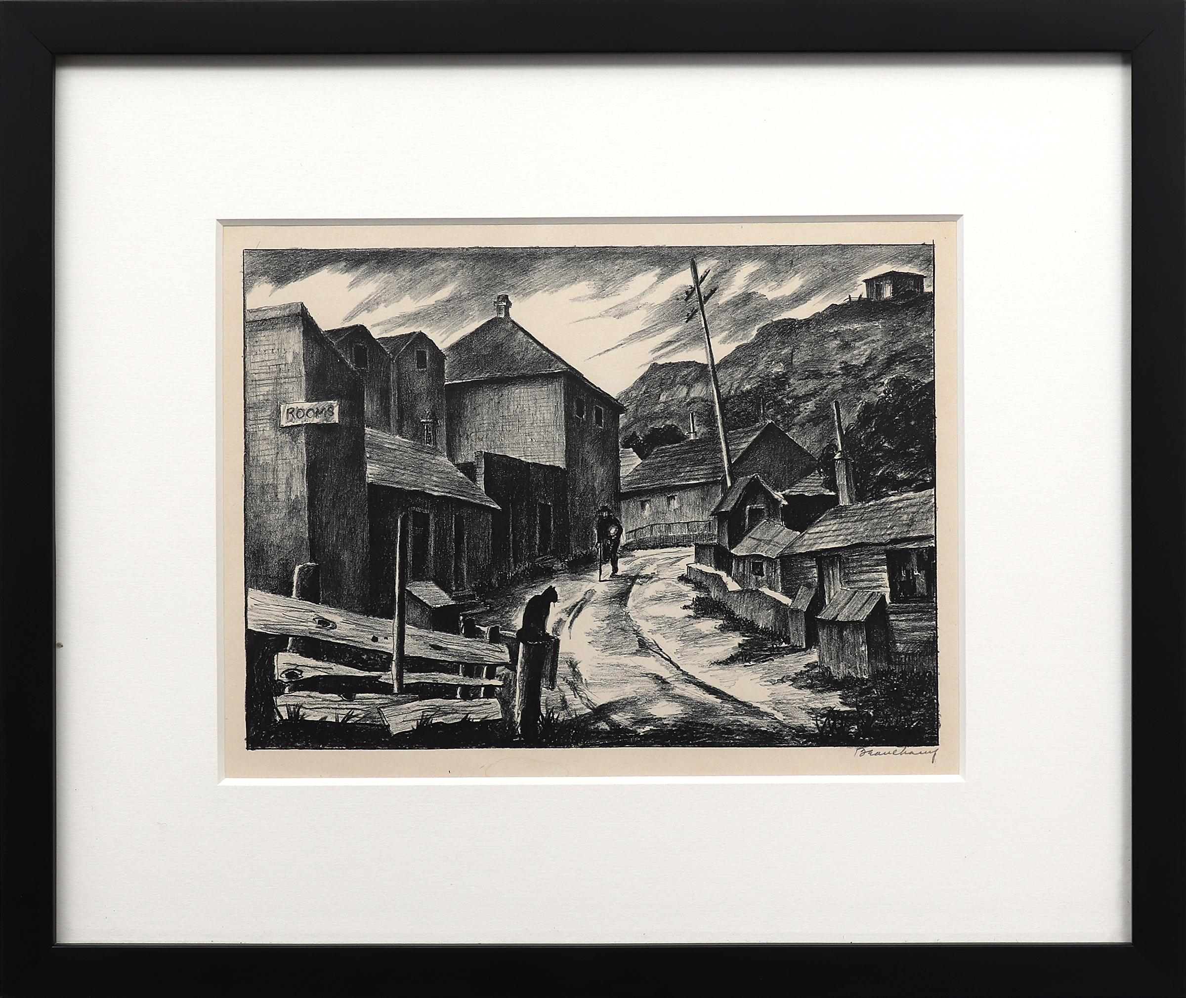 'Mining Town' , American Modern Signed Lithograph, Colorado Mining Town Scene