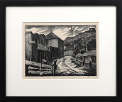 'Città mineraria' , litografia moderna americana firmata, scena di città mineraria del Colorado