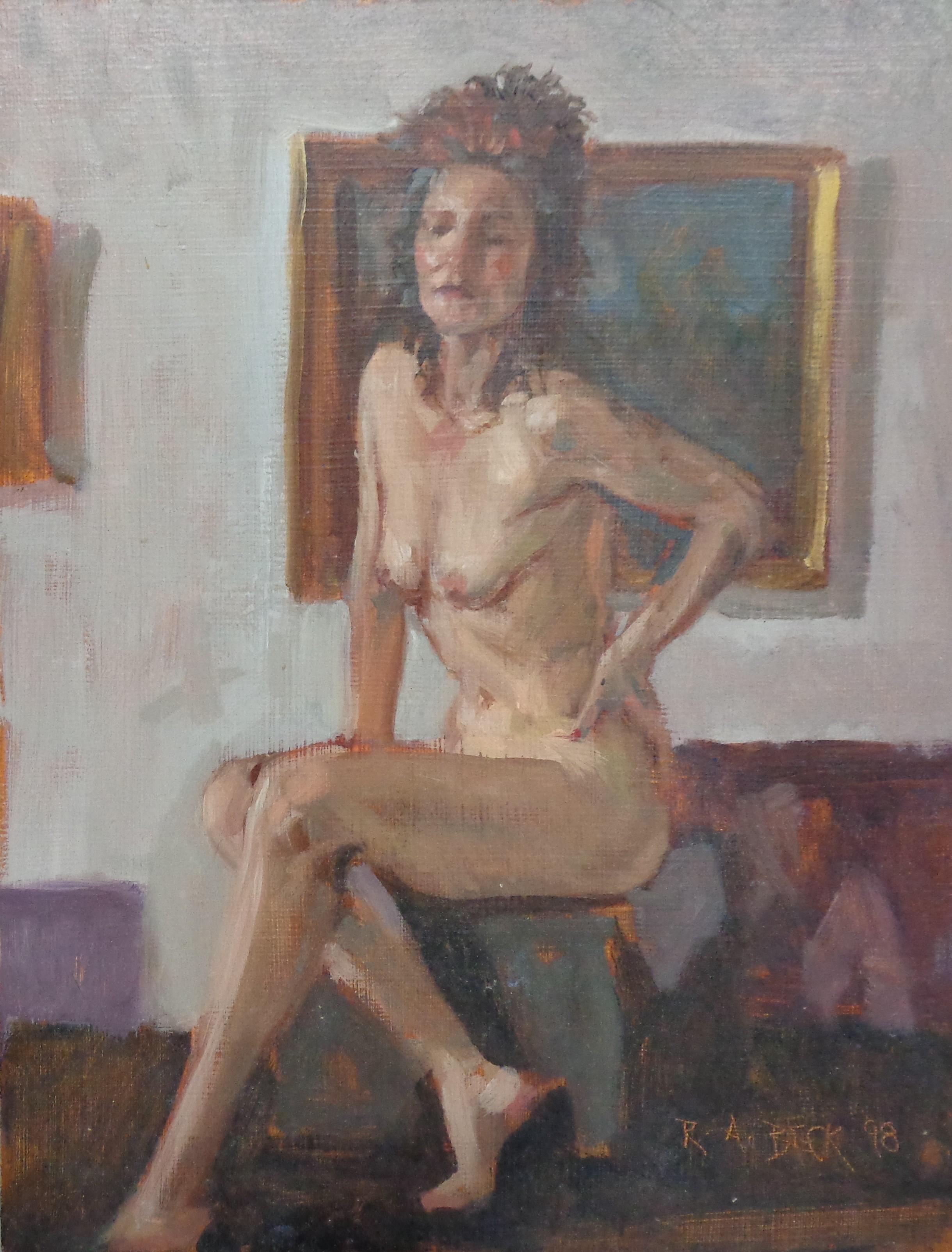 Here is a tradition female figure study oil painting on Masonite by Lambertville artist Robert beck. Makes a nice pair with the other female nude listed here on 1stdibs. The painting is in good condition and comes unframed at 9x7 inches.
ARTIST
S