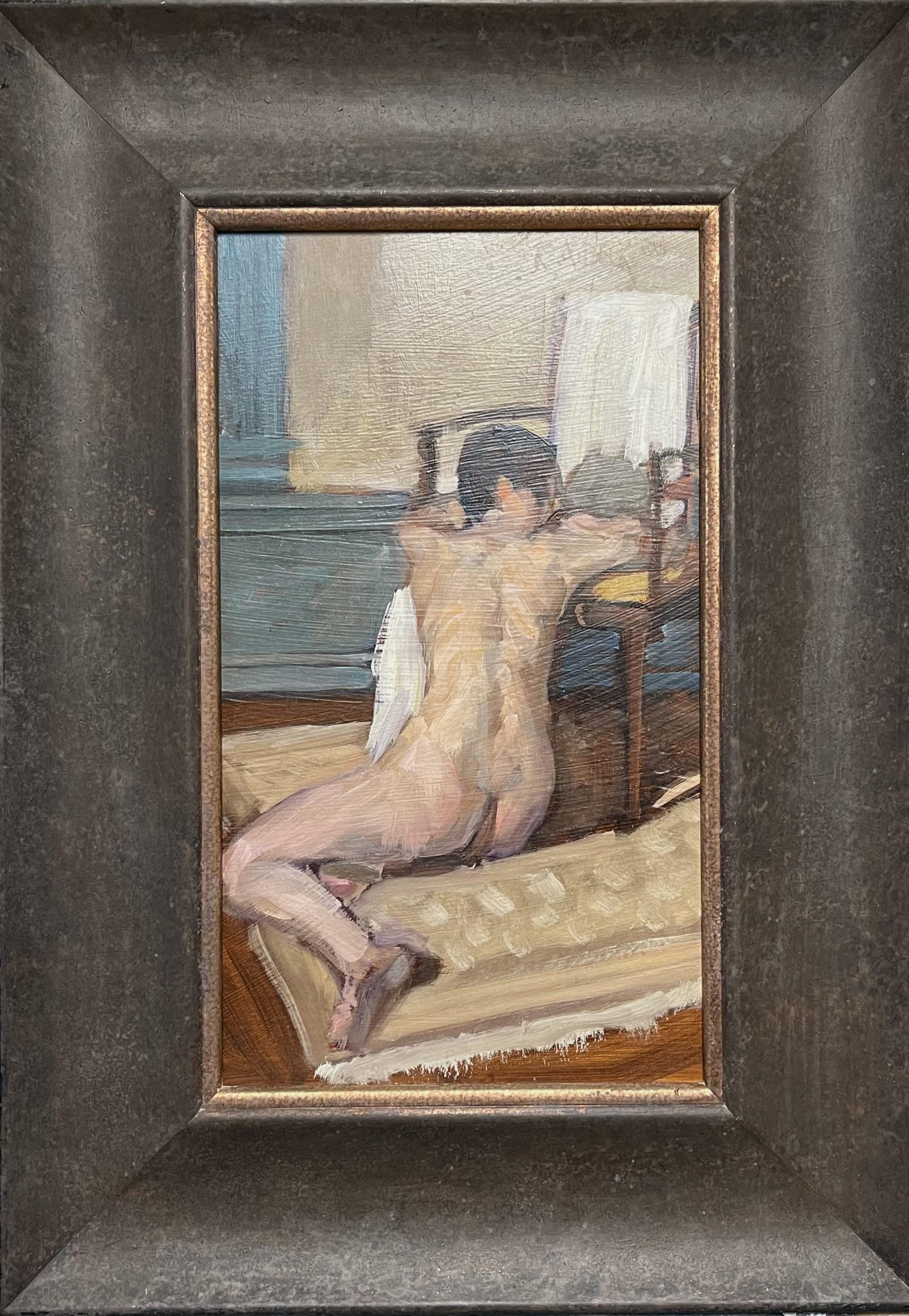Female Study
oil/panel
7 x 12 unframed, 17.25 x 12.25 framed
signed TR   signature scratched in as seen in pics
Here is a tradition female figure study oil painting on Masonite by Lambertville artist Robert beck. The painting is in good condition