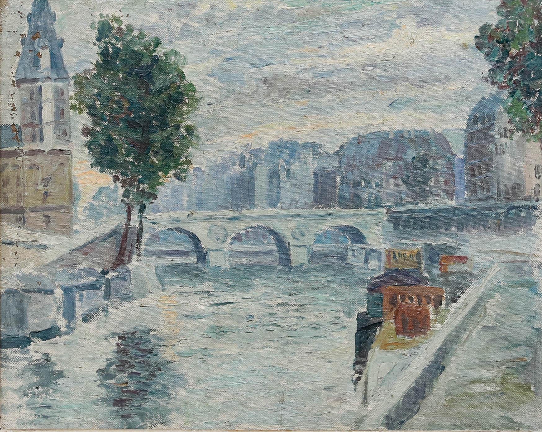 Robert Benard (1908-1996) - Mid 20th Century Oil, A Bridge, Saint Michel, Paris For Sale 1