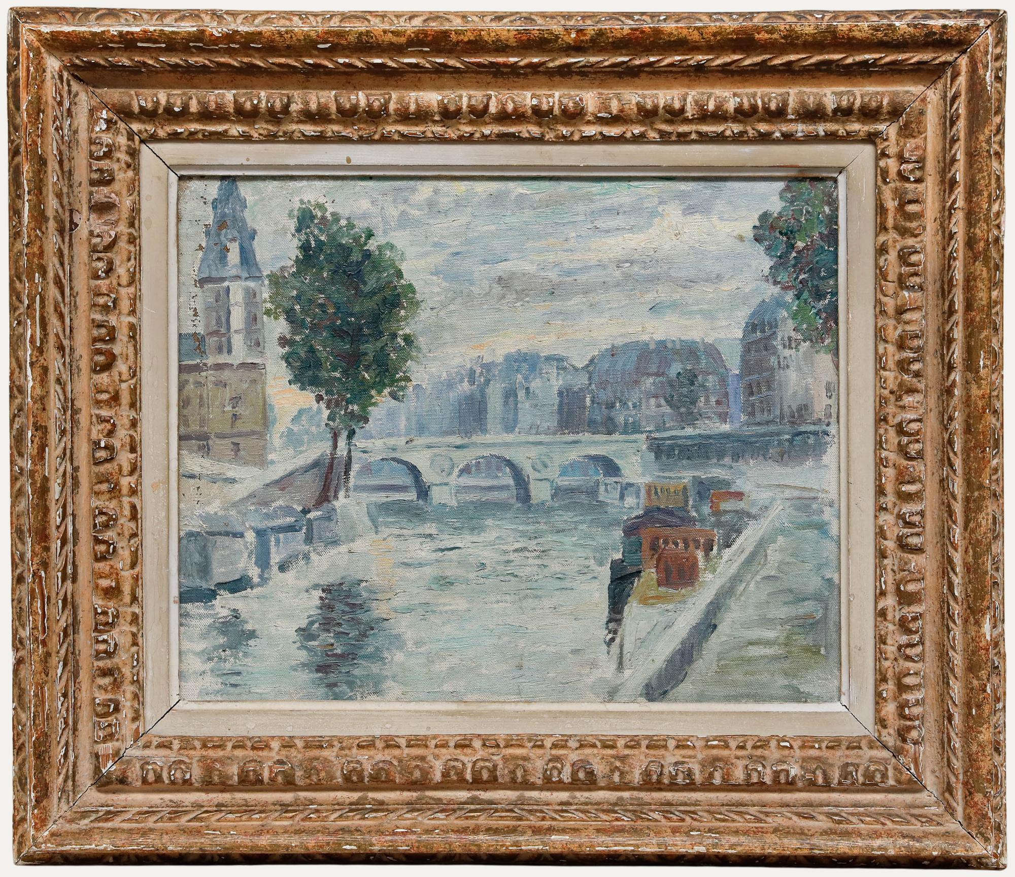 This impressionistic oil painting depicts a serene Parisian riverside scene featuring the Seine River with its characteristic stone bridge and historic architecture along the embankment. The artist employs loose, visible brushstrokes and a muted