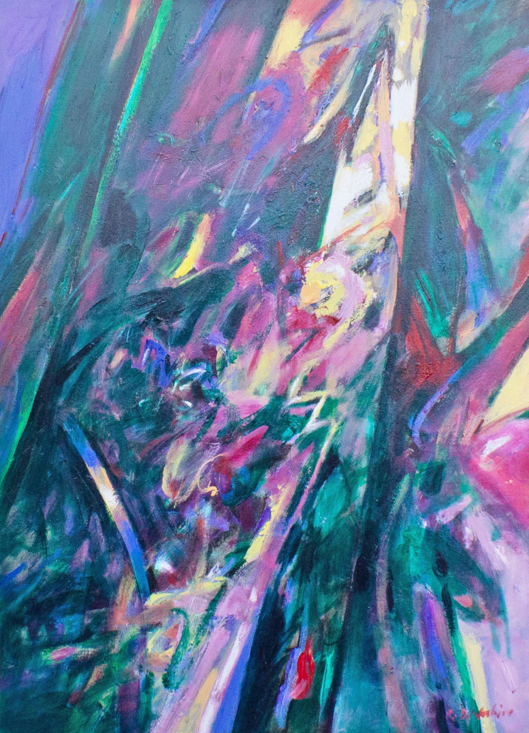 Ein abstraktes Gemälde in Öl auf Leinwand des Künstlers Robert B. Berkshire (1932-2010) aus Indiana. Das abstrakte Gemälde in lila und blaugrün stellt eine Montage aus frenetischem Fuchsia, Gelb, Grün und Blau dar. Ein weißer Rand umgibt das