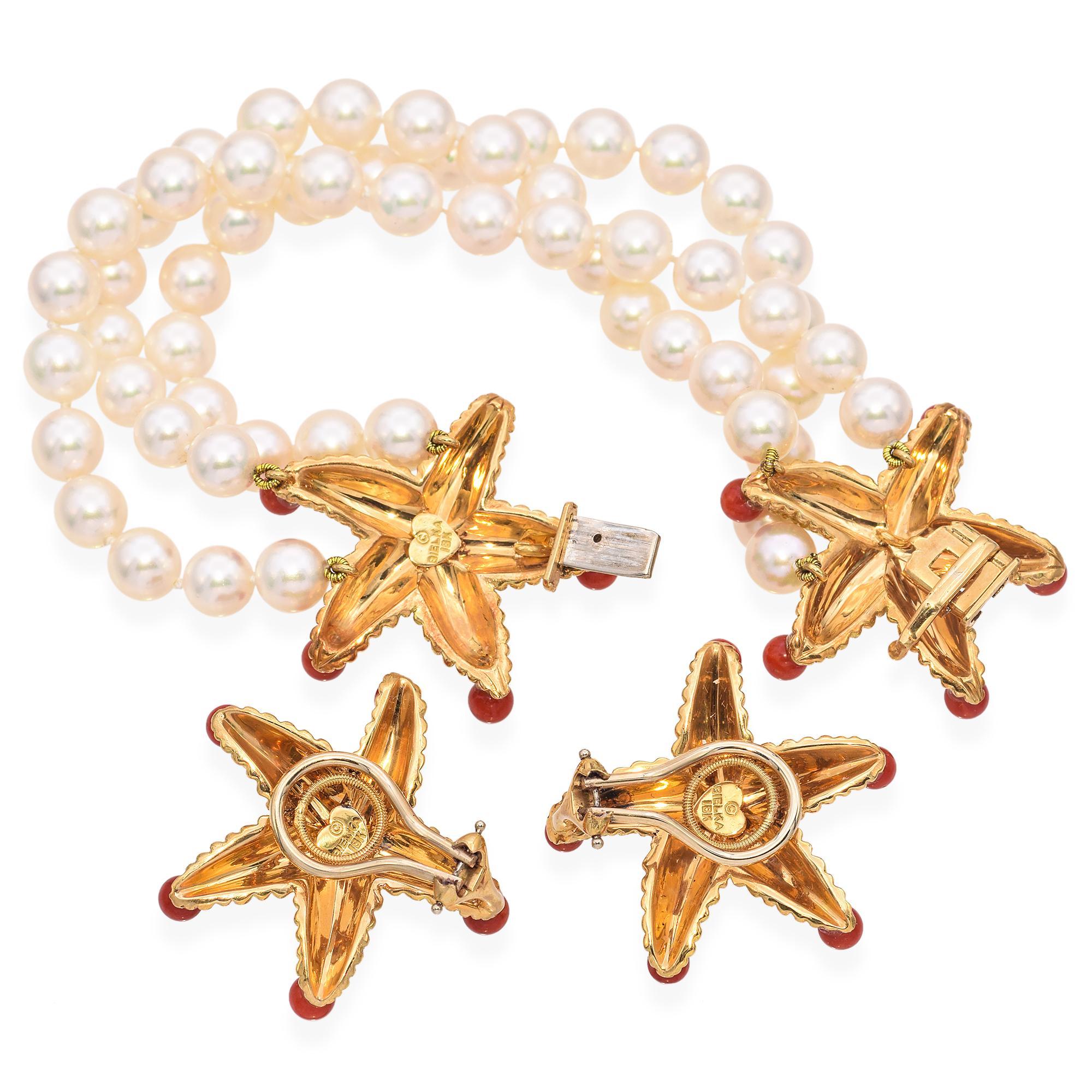 This captivating set features intricately designed gold starfish adorned with lustrous pearls and vibrant coral accents. The starfish motifs are crafted with meticulous attention to detail, creating a textured and lifelike appearance. The pearls,