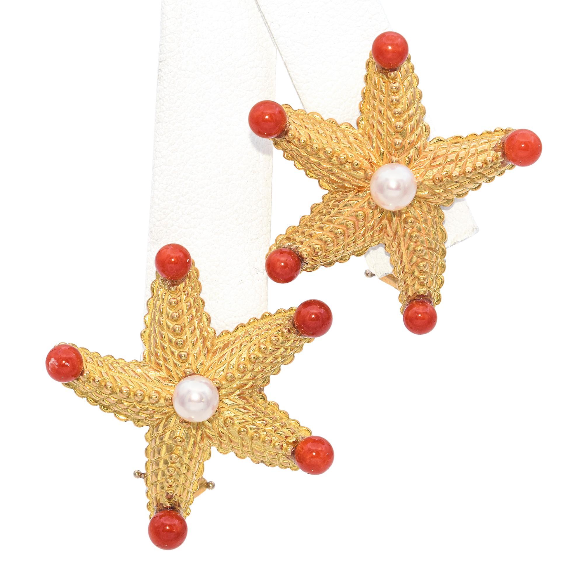 Bead Robert Bielka 18k Yellow Gold Starfish Pearl and Coral Bracelet and Earrings Set