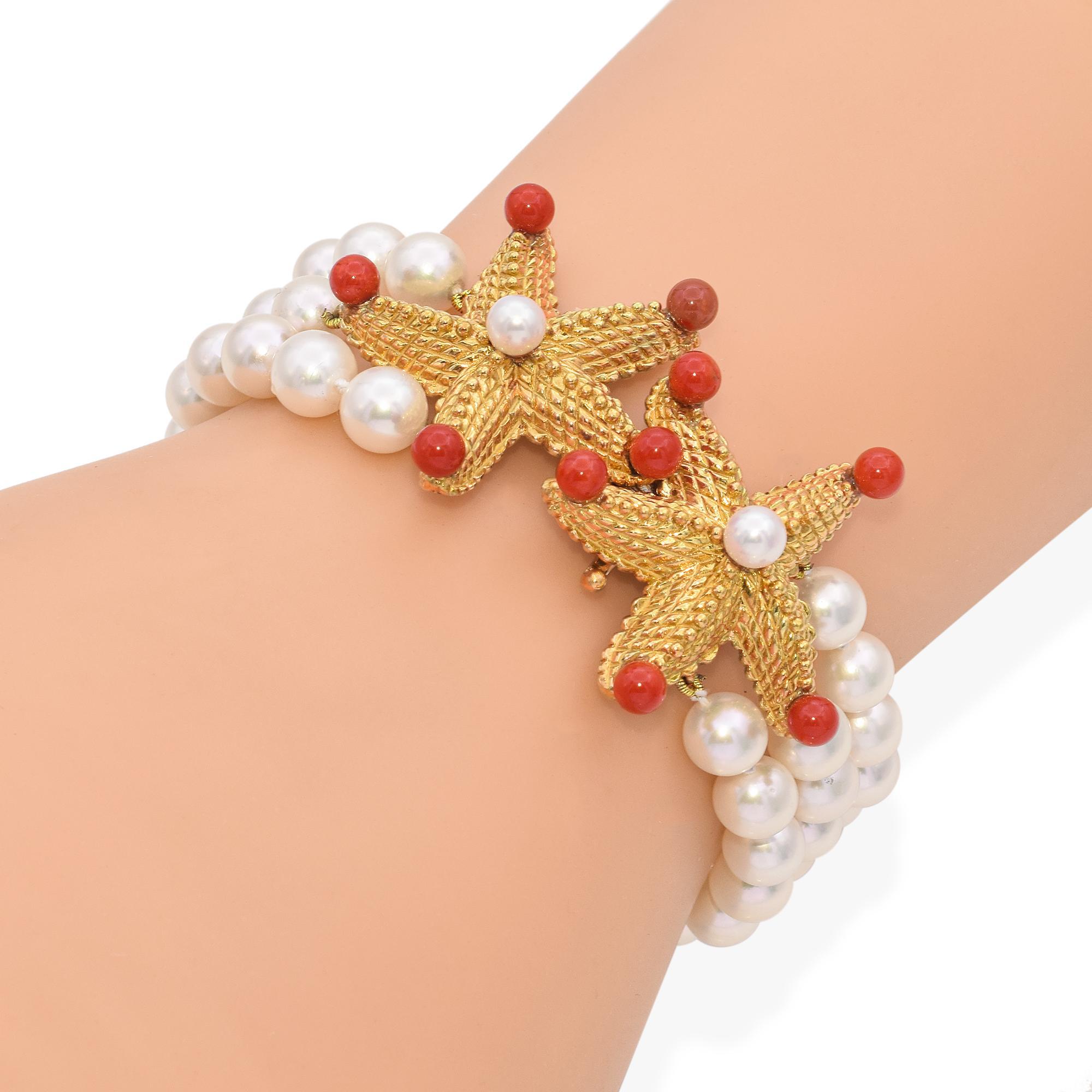Robert Bielka 18k Yellow Gold Starfish Pearl and Coral Bracelet and Earrings Set 1