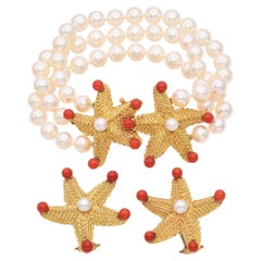 Robert Bielka 18k Yellow Gold Starfish Pearl and Coral Bracelet and Earrings Set