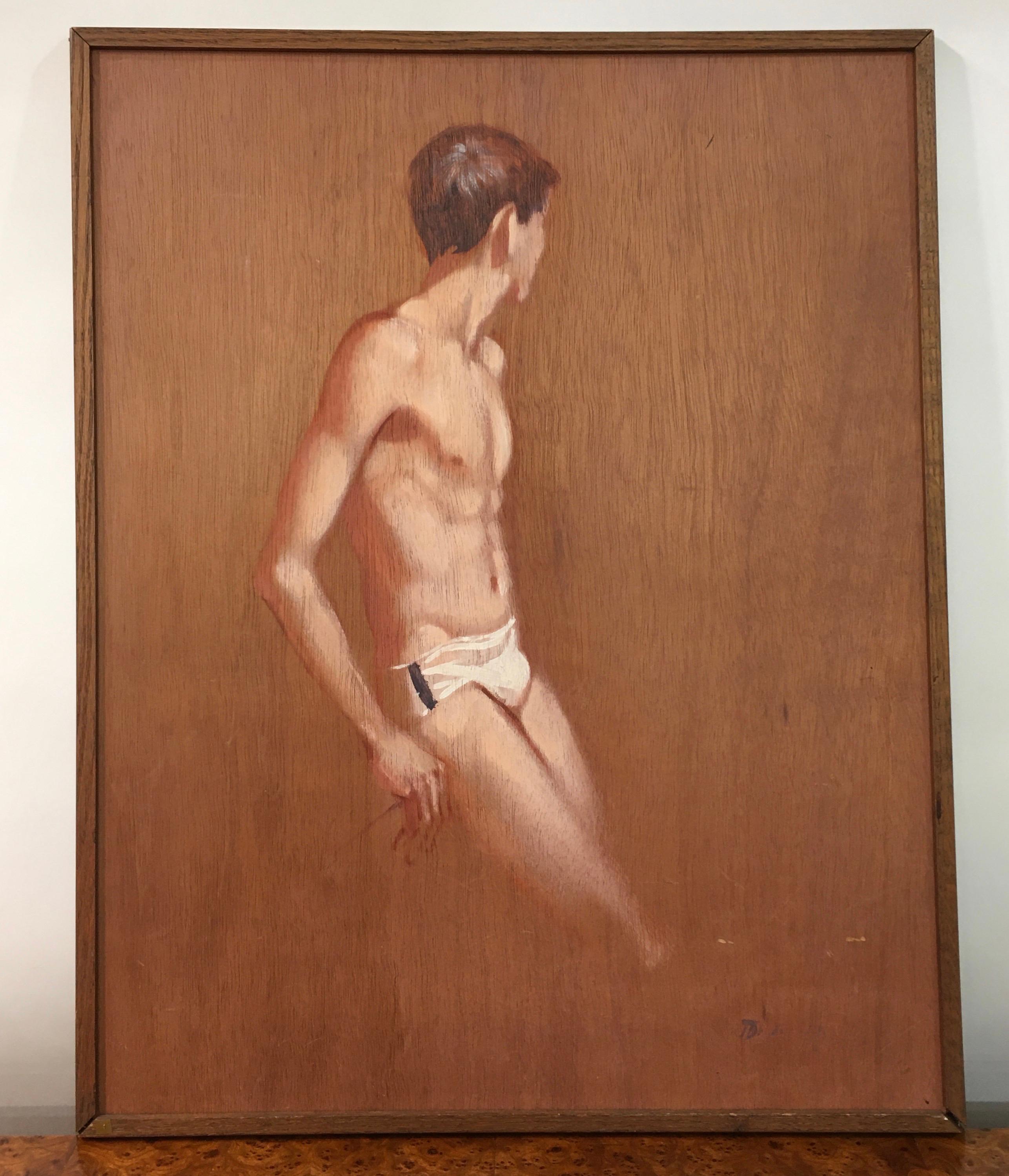 Figurative painting by Robert R. Bliss (1925-1981) of an idealized adolescent male model wearing a white briefs bathing suit. The painting is oil on a sheet of wood luan. The board is set within a slim frame made of oak, the lower corners of which