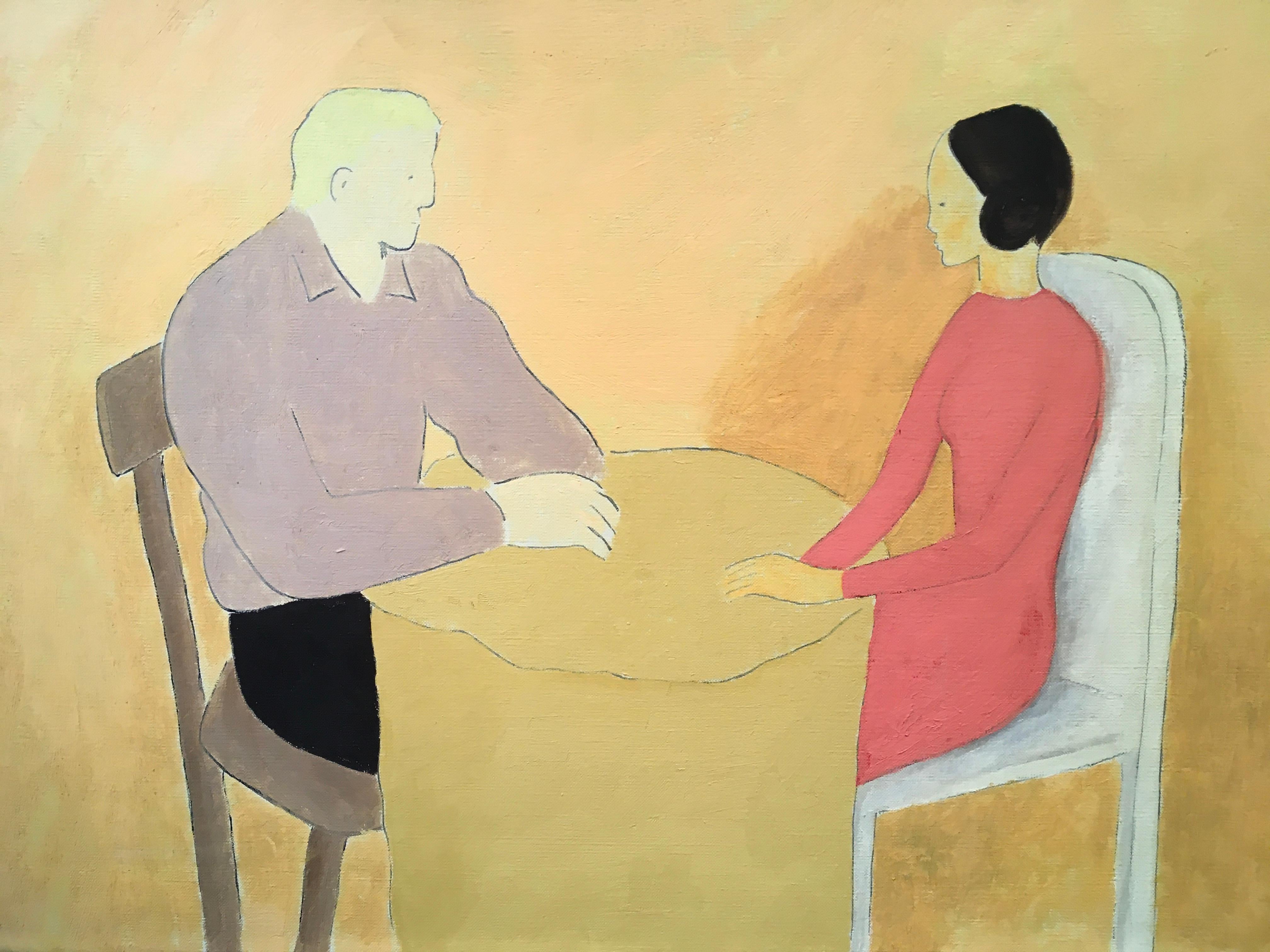 'Conversazione a cena', Olio su tela, di Robert Bonaparte - Figurative Painting Beige di Robert Bonaparte 