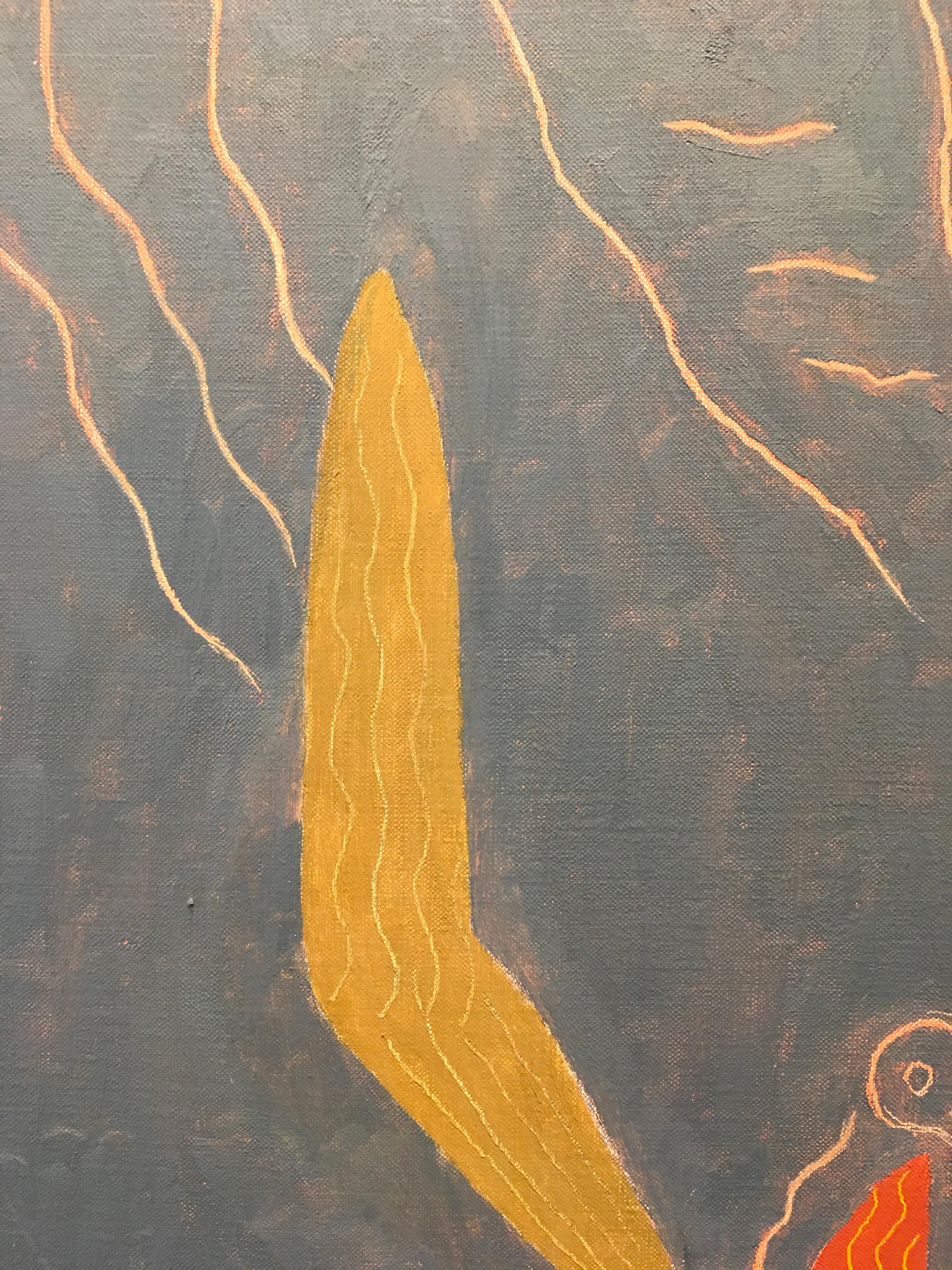 Questo quadro di 25 pollici x 24 pollici è un'opera astratta in acrilico su lino dipinta da Robert Bonaparte. In uno stile minimalista, Bonaparte utilizza una tavolozza di colori limitata e incorpora una piccola quantità di dettagli e soggetti. La