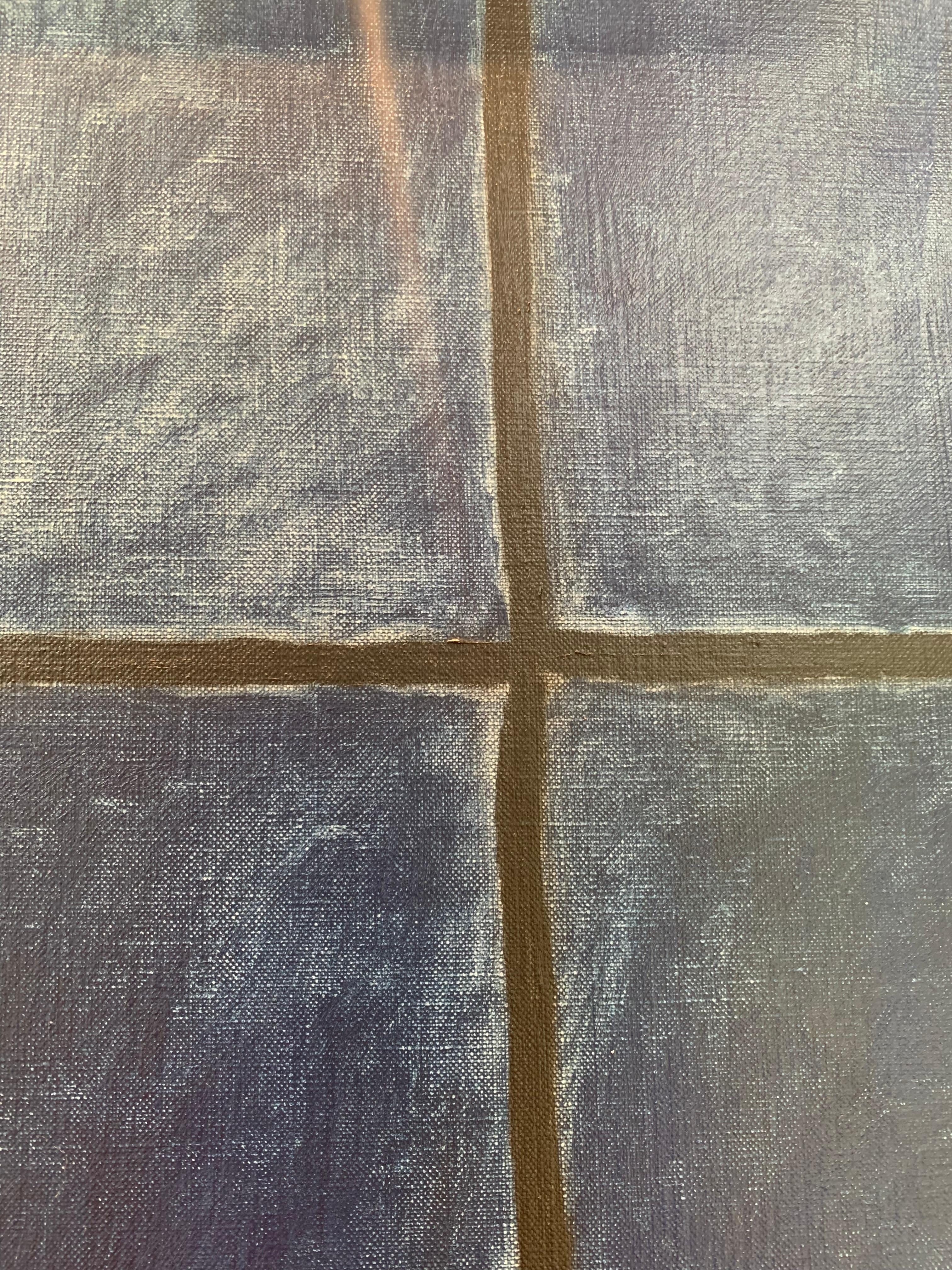 Cette huile sur toile encadrée de 33 x 26 pouces a été réalisée par Robert Bonaparte en 1980. Le tableau présente une composition dominée par des teintes sombres, créant une atmosphère nocturne, et présente diverses formes géométriques et des