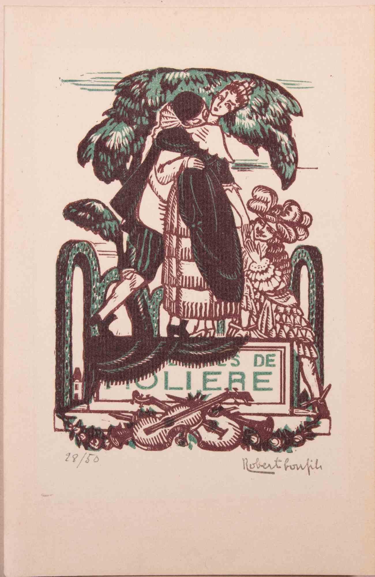 Amoureux de Molière - Woodcut Print By Robert Bonfils - Mid 20th Century