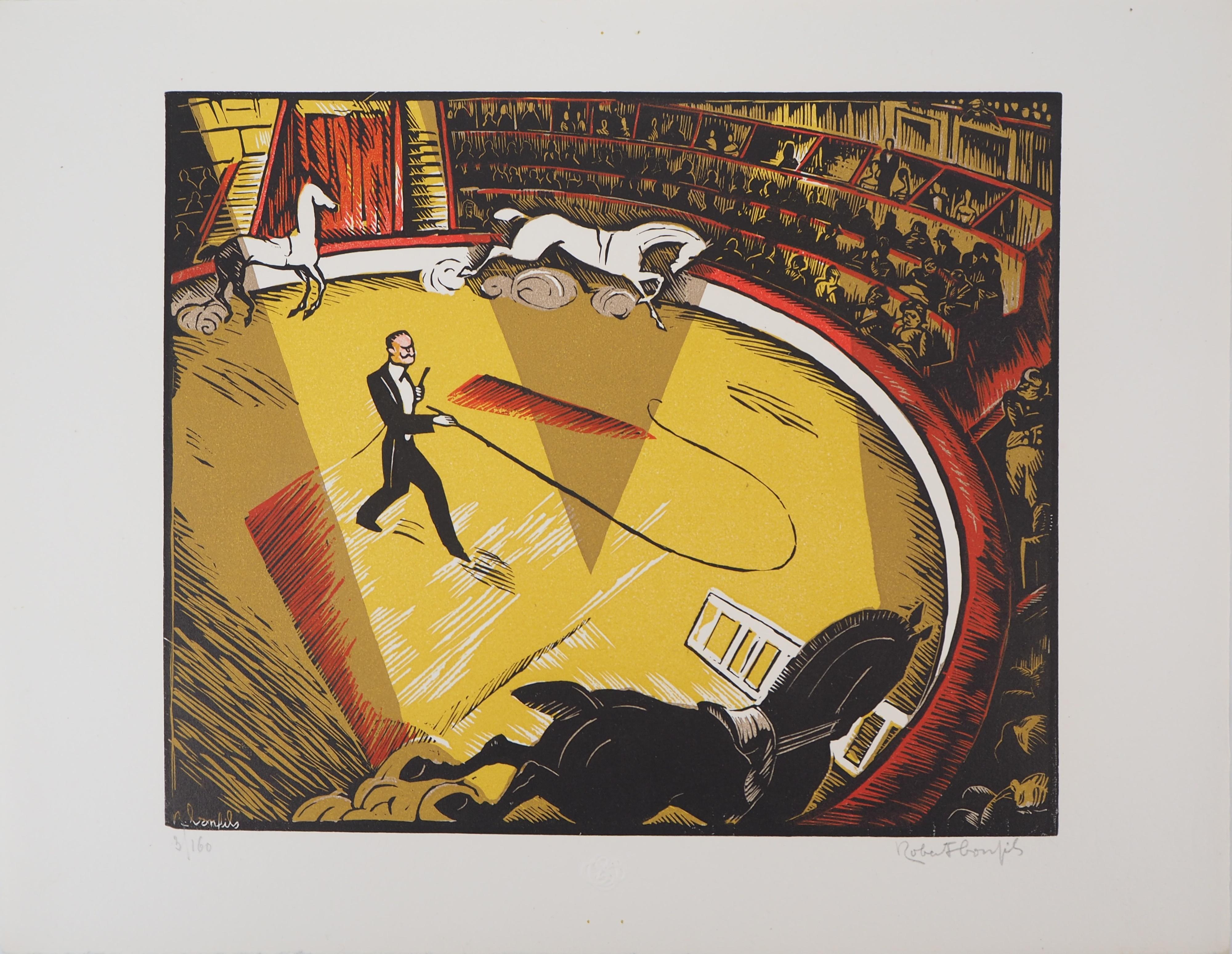 At the Circus – Original-Wollschnitt, handsigniert (Art déco), Print, von Robert Bonfils