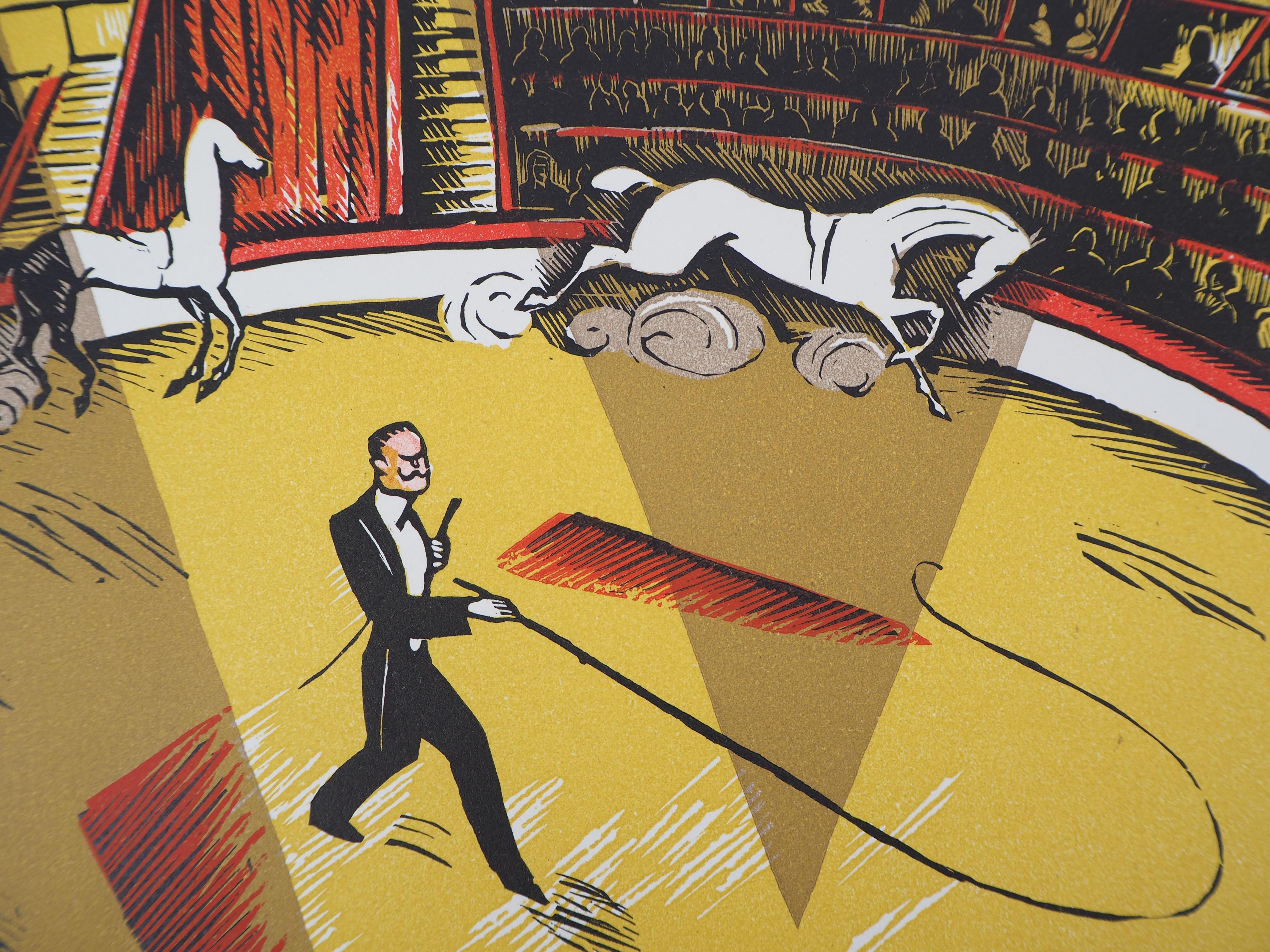 En el circo - Original wooodcut, Handsigned - Animal Print Marrón de Robert Bonfils