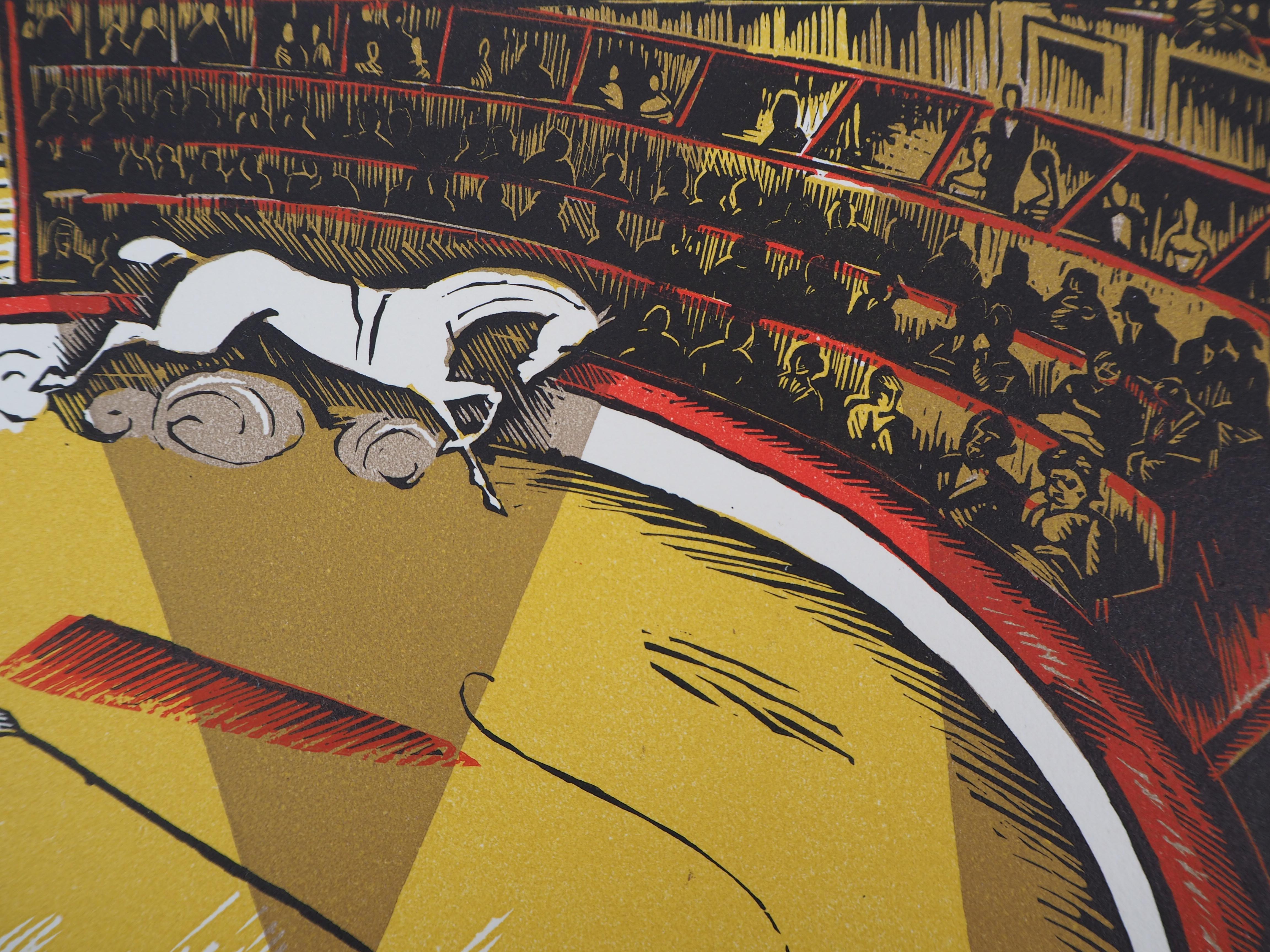 Robert BONFILS
Im Zirkus, 1927

Original Holzschnitt
Handsigniert mit Bleistift
Nummeriert /160
Auf Pergament 32,5 x 25,5 cm (ca. 13 x 10 Zoll)
Trägt den Blindstempel des Herausgebers 'Imagier de la Gravure sur Bois' (Lugt 1140a)

Ausgezeichneter