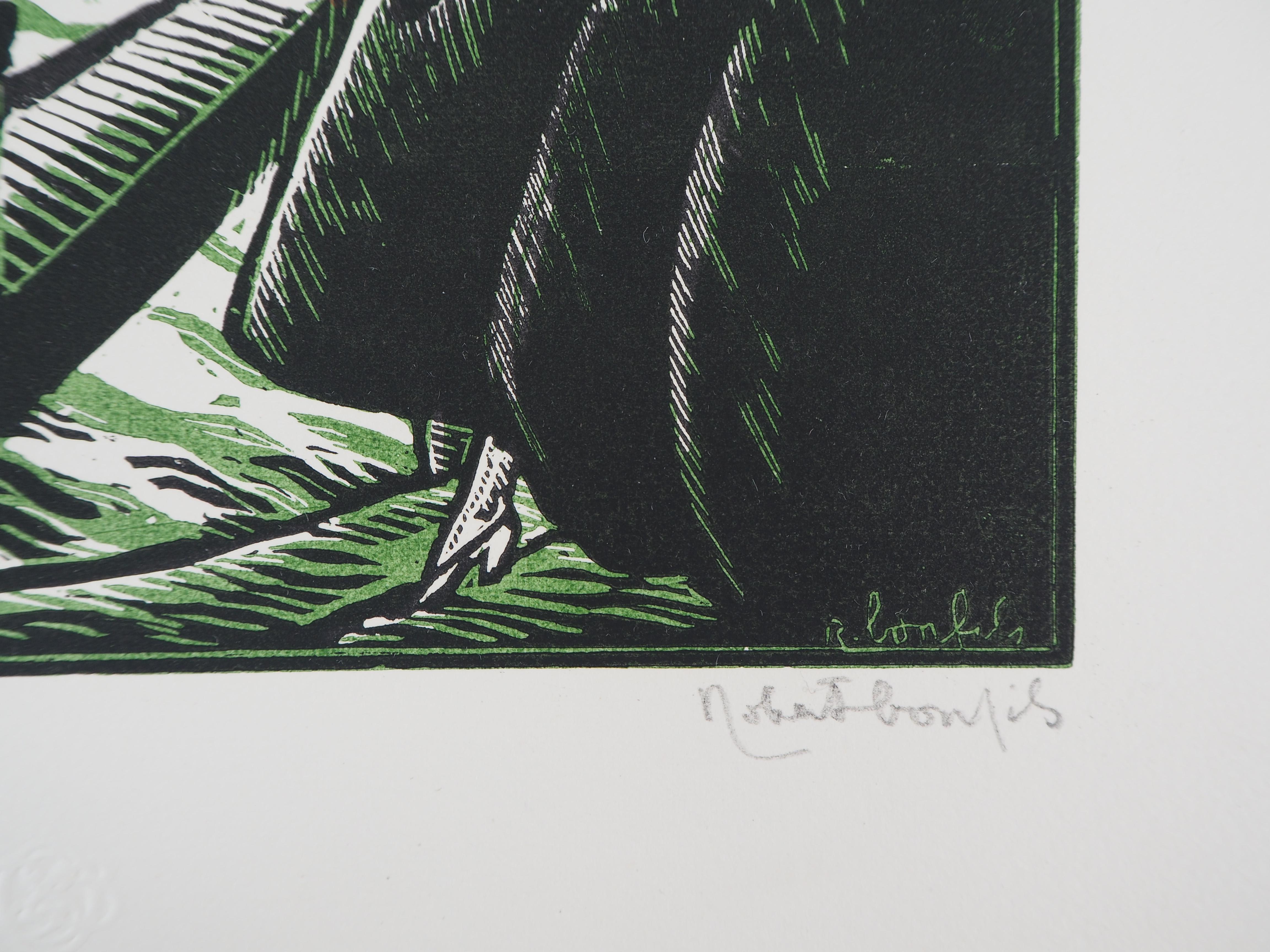 Gondolas on the Grand Canal in Venice - Original wooodcut, Handsigned - Print by Robert Bonfils