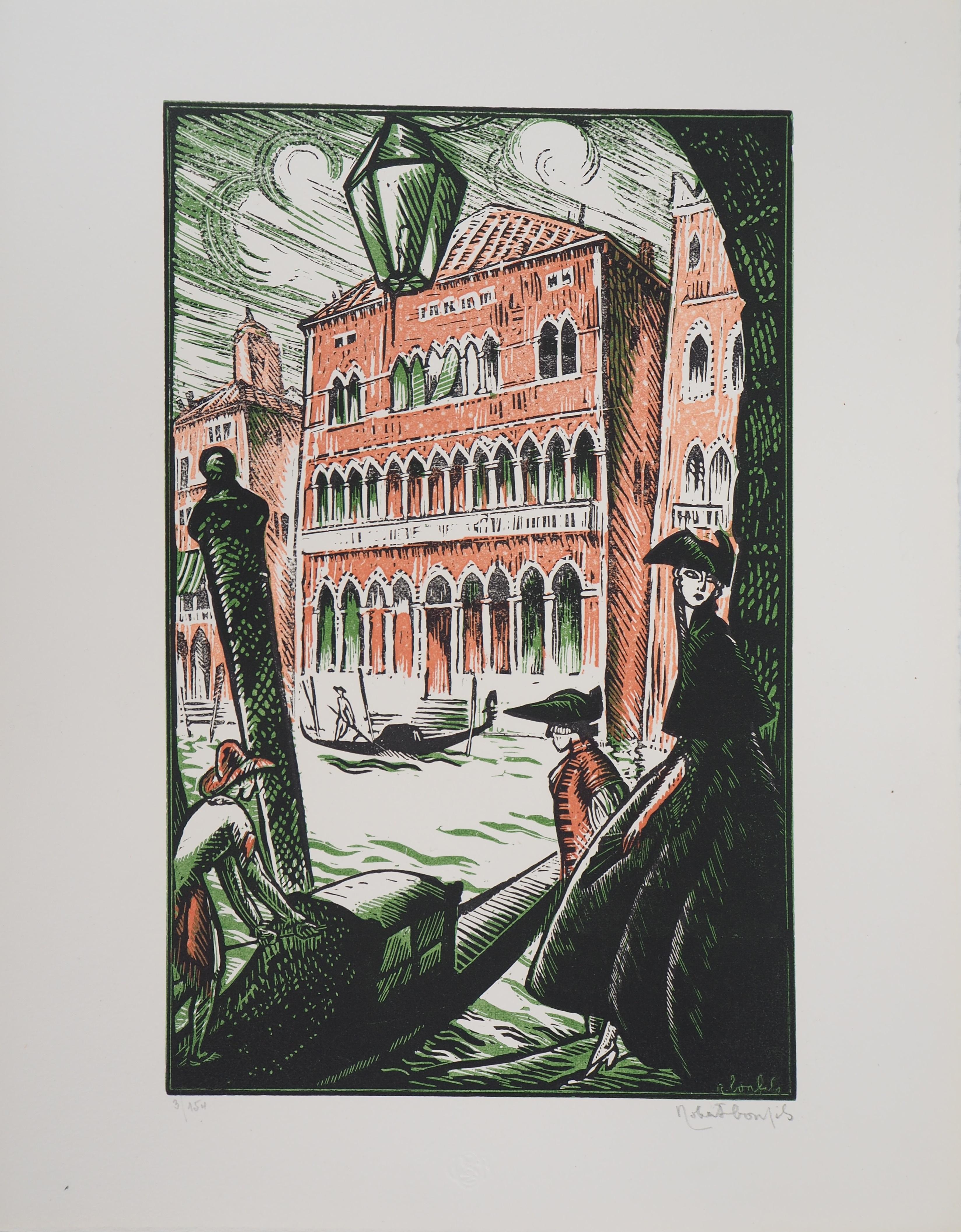 Gondolas on the Grand Canal in Venice - Original wooodcut, Handsigned - Modern Print by Robert Bonfils