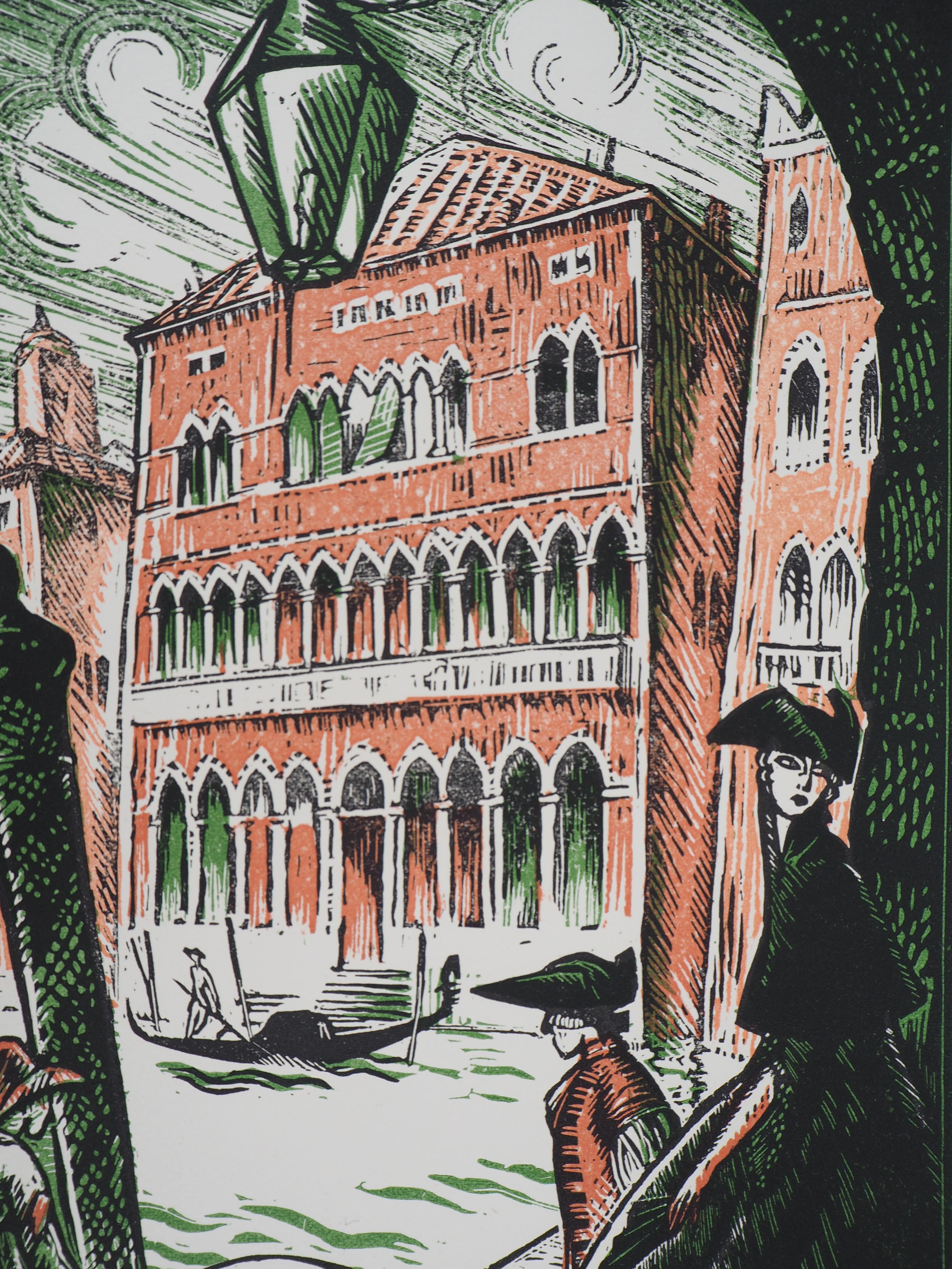 Gondolas on the Grand Canal in Venice - Original wooodcut, Handsigned - Gray Landscape Print by Robert Bonfils