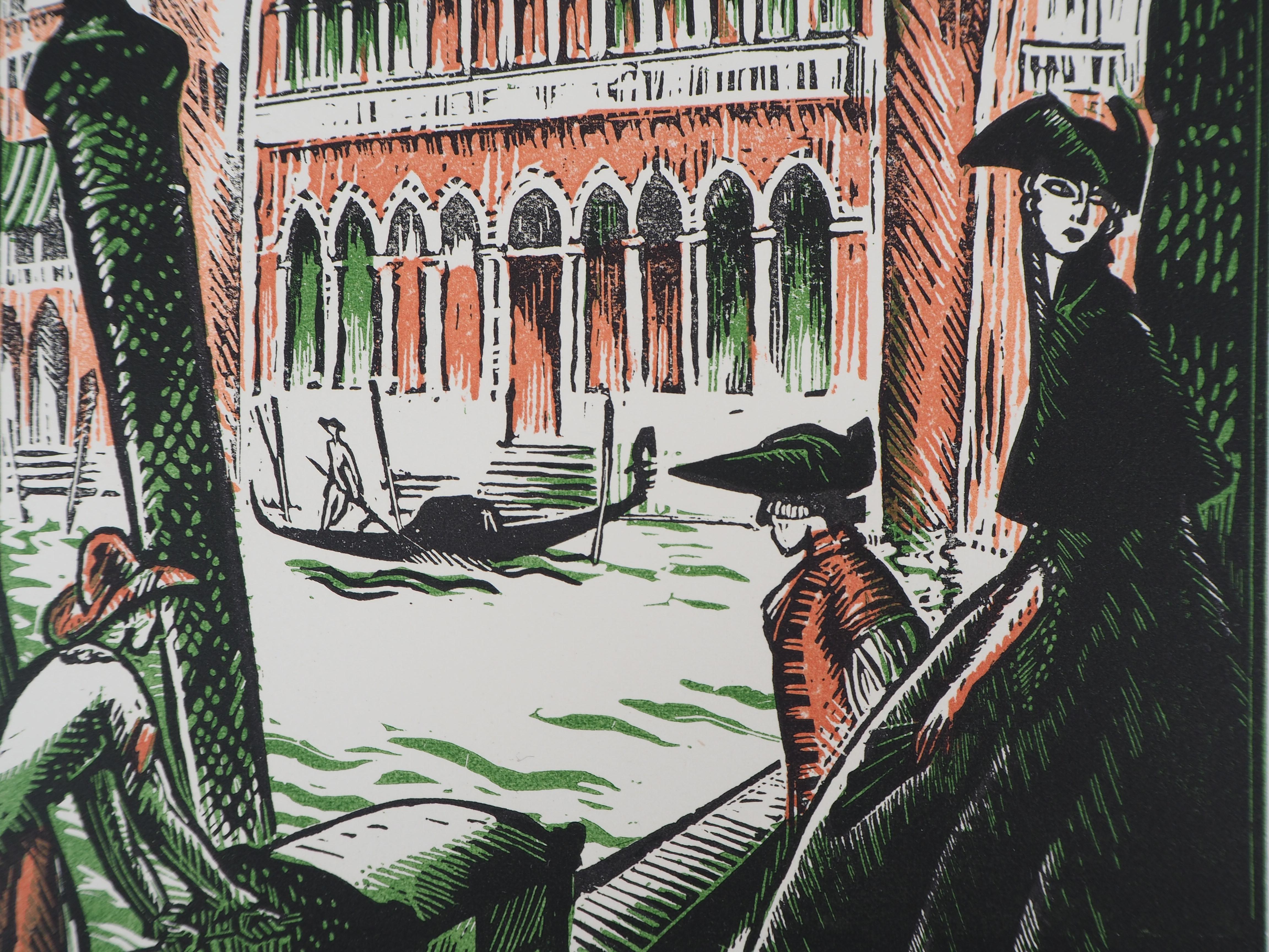 Robert BONFILS
Gondolas on the Grand Canal in Venice 

Original woodcut
Handsigned in pencil
Numbered /154
On vellum 32.5 x 25.5 cm (c. 13 x 10 in)
Bears the blind stamp of the editor 'Imagier de la Gravure sur Bois' (Lugt 1140a)

Excellent condition