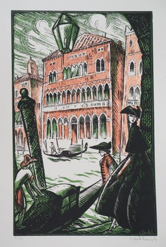Gondolas on the Grand Canal in Venice - Original wooodcut, Handsigned