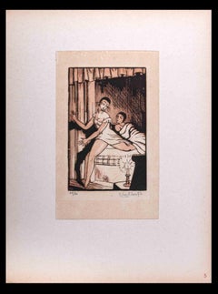 Vintage Lovers - Woodcut Print on Paper By Robert Bonfils - Mid 20th Century