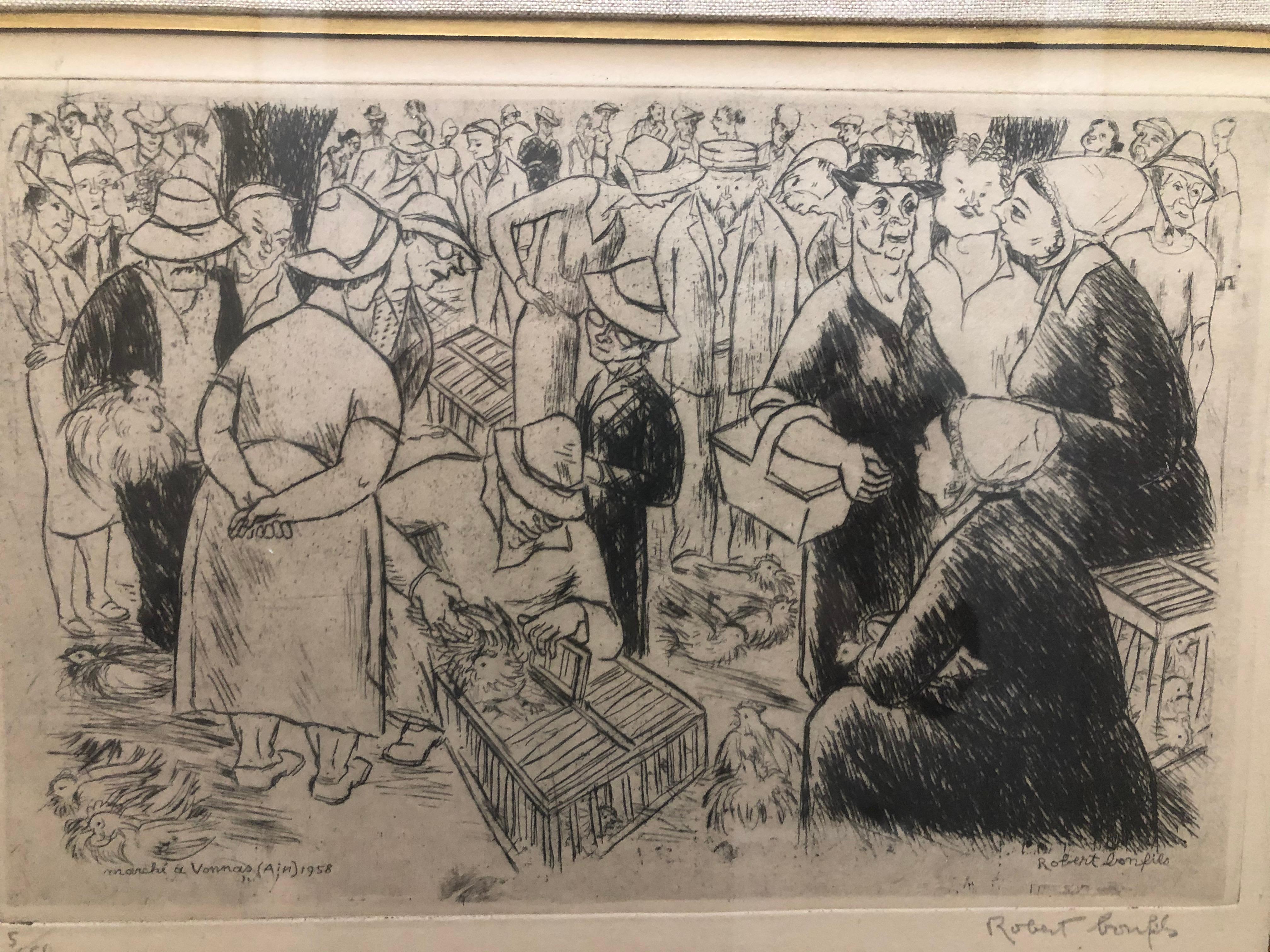 Robert Bonfils: 1886-1972. Well listed French artist with auction results for posters and prints over $8000. This fabulously busy etching measures 12 1/2 inches wide by 9 high. It is beautifully framed with silk matting. Frame measures 19 3/4 inches