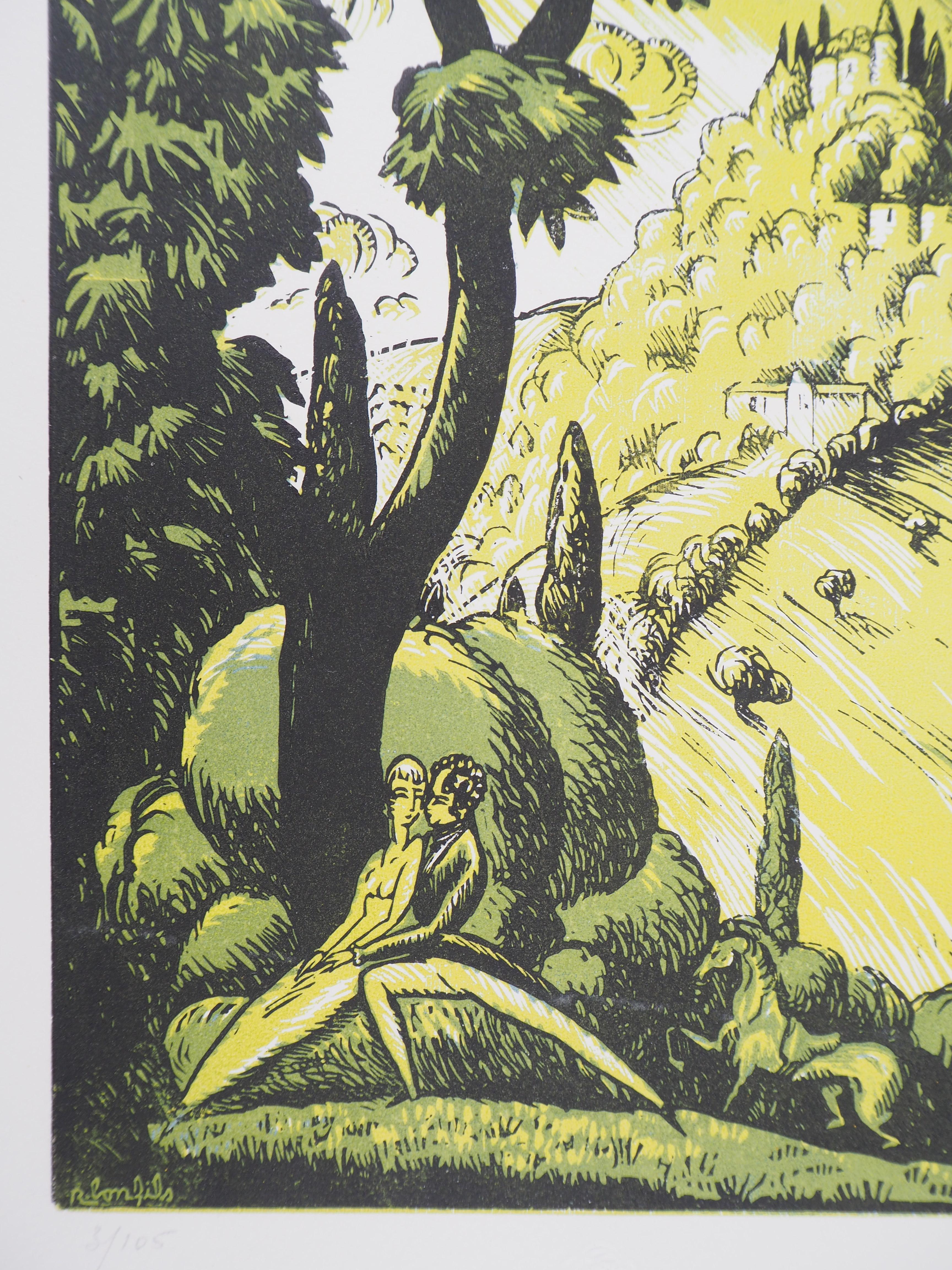 El entrelazamiento del amante - Original wooodcut, Firmado a mano y numerado / 105 - Print de Robert Bonfils