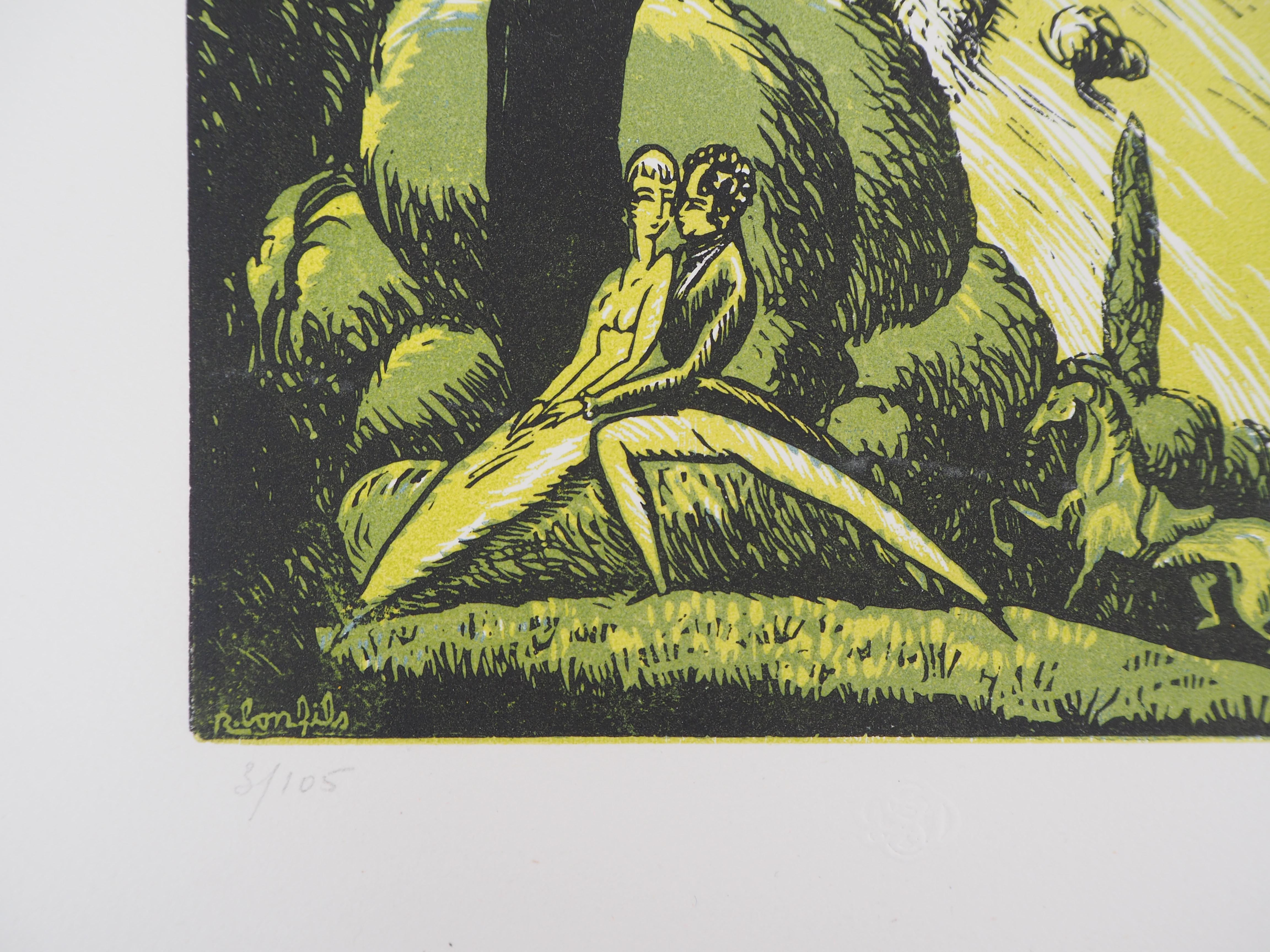 Ineinander verschlungene Liebesstücke - Original-Wollholzschnitt, handsigniert und nummeriert / 105 (Moderne), Print, von Robert Bonfils